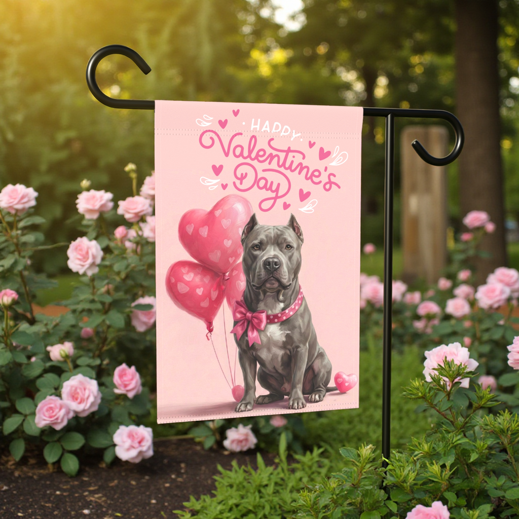 Gray Pitbull Terrier Valentine's Day Garden Flag