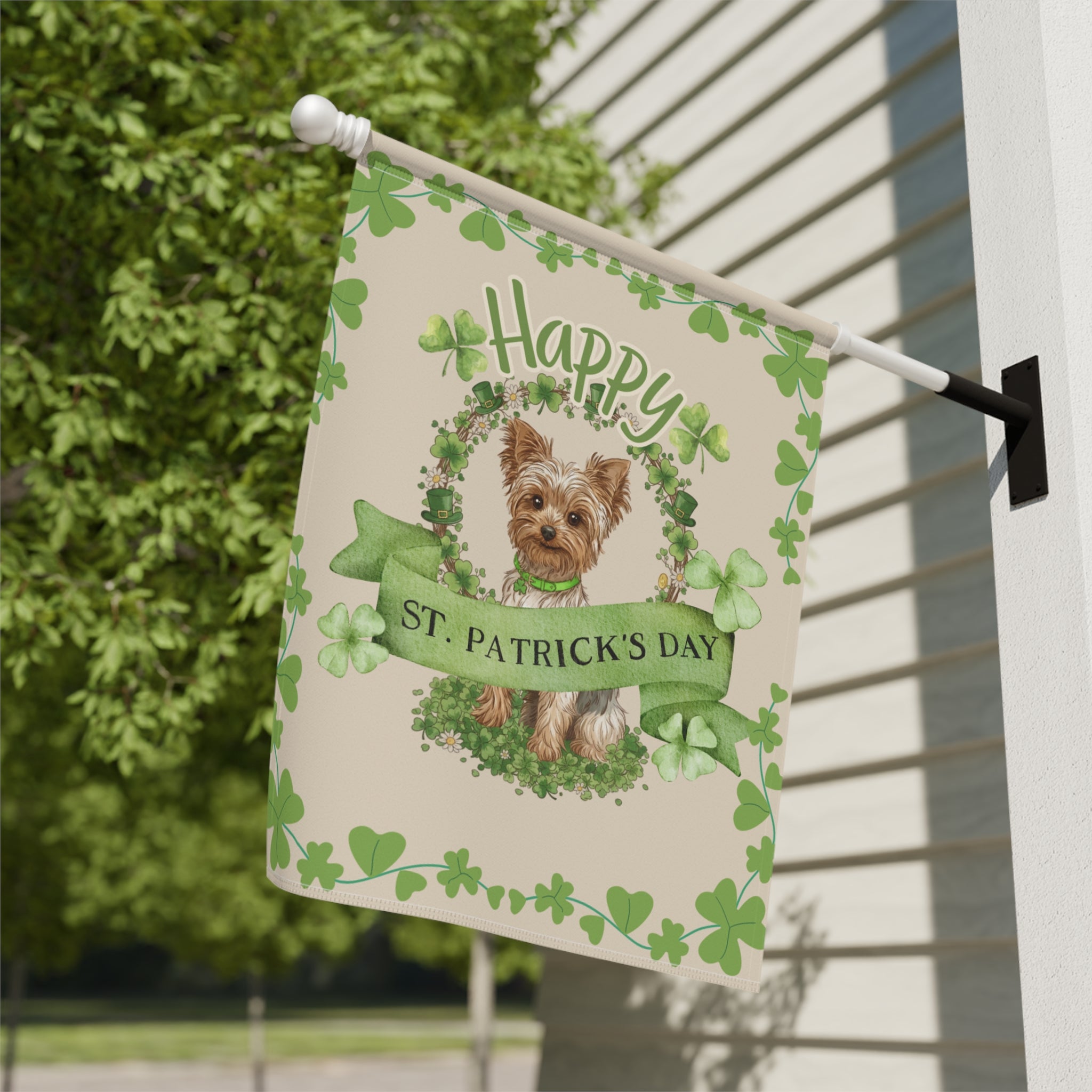 Happy St. Patrick's Day Yorkie Garden Flag - close-up detail - Dragonfire Gardens