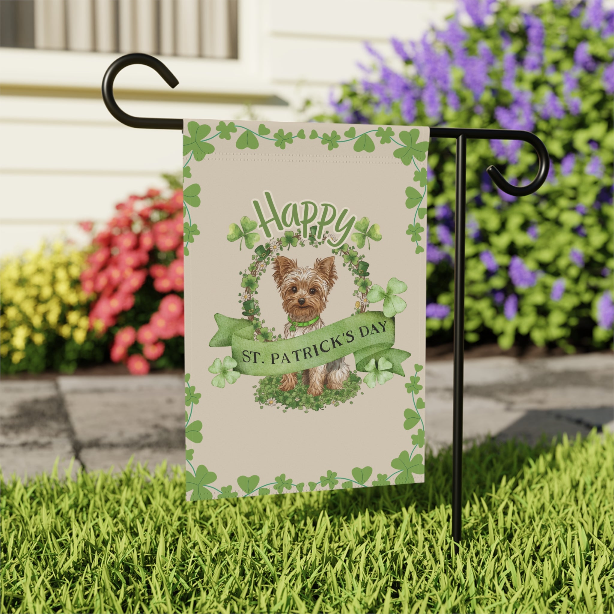 Happy St. Patrick's Day Yorkie Garden Flag