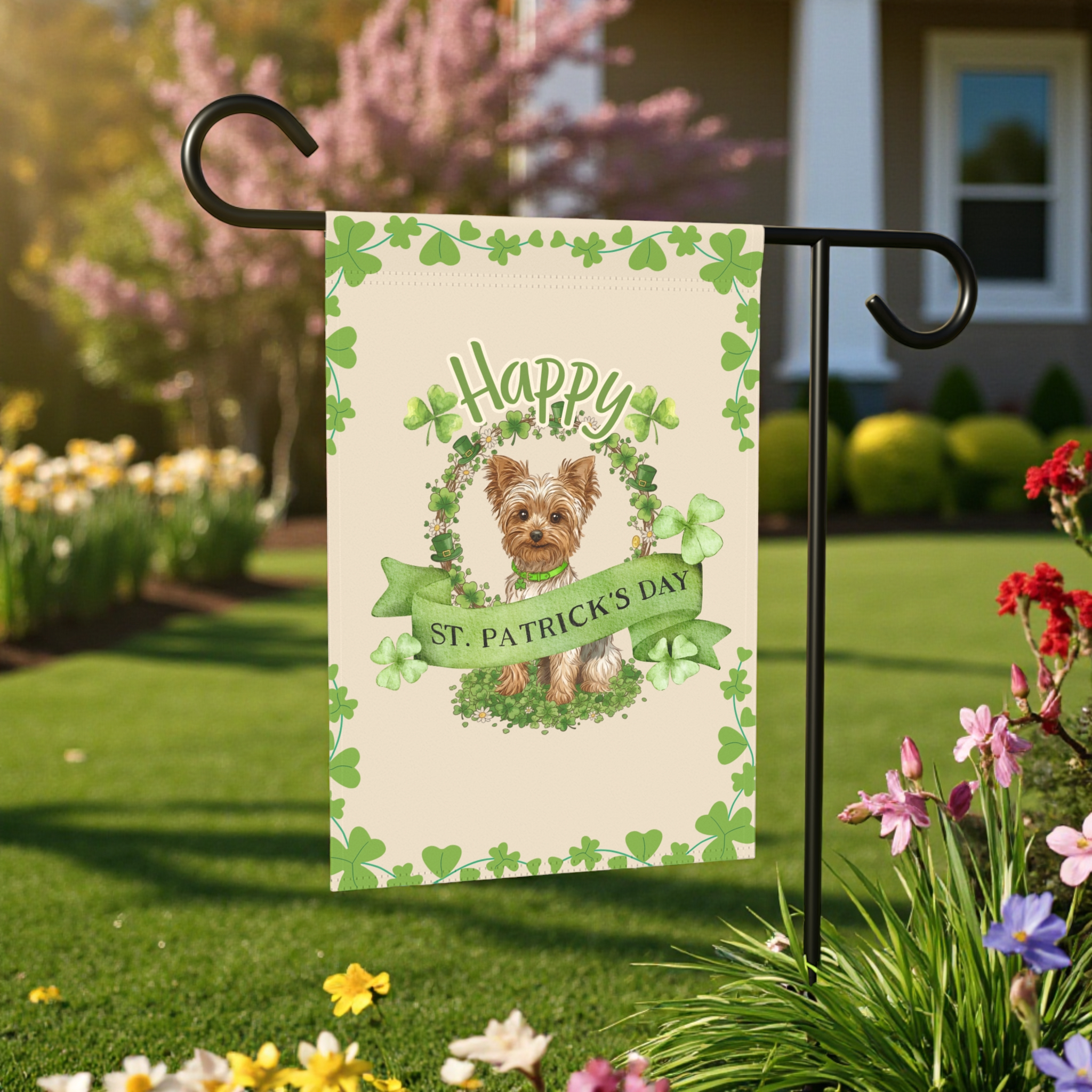 Happy St. Patrick's Day Yorkie Garden Flag