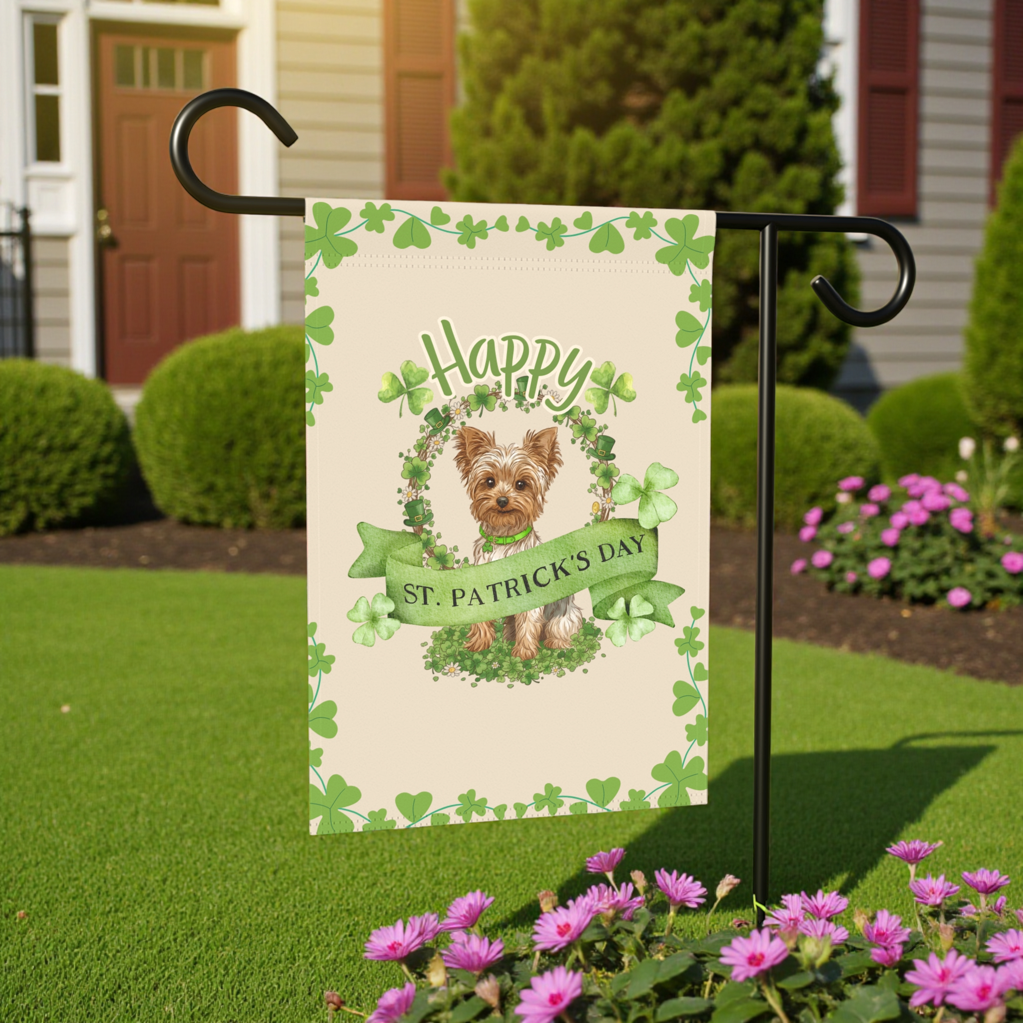 Happy St. Patrick's Day Yorkie Garden Flag