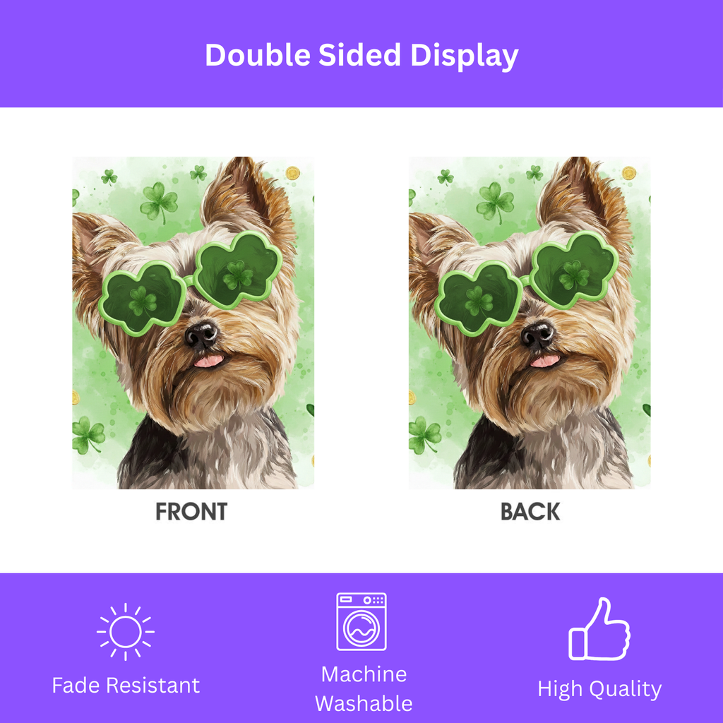 St. Patrick's Day Clover Glasses Yorkie Garden Flag - double-sided design - Dragonfire Gardens