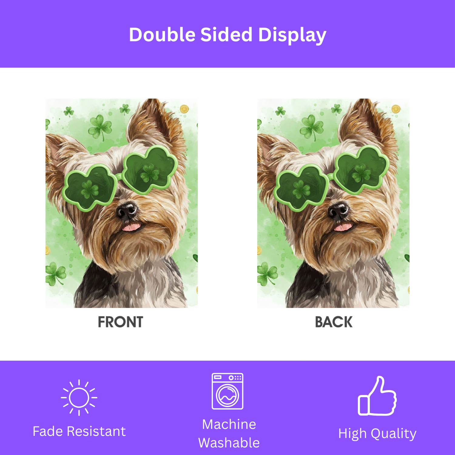 St. Patrick's Day Clover Glasses Yorkie Garden Flag - double-sided design - Dragonfire Gardens