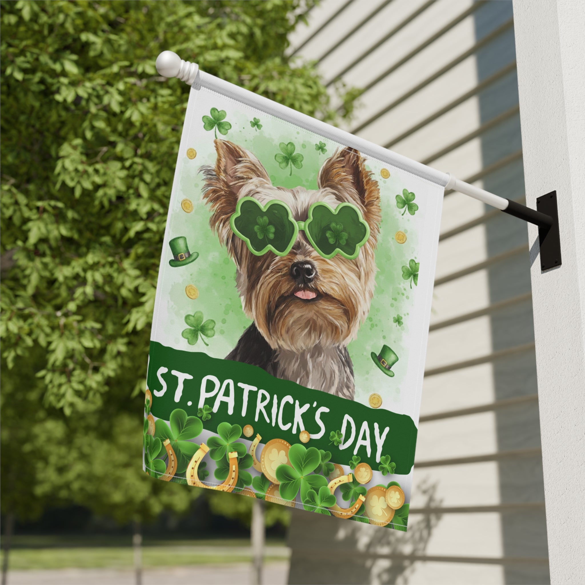 St. Patrick's Day Clover Glasses Yorkie Garden Flag - close-up detail - Dragonfire Gardens