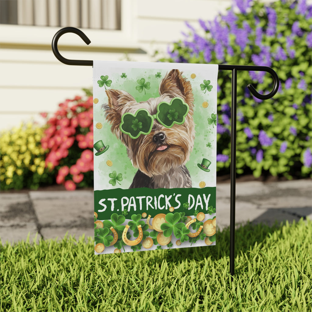 St. Patrick's Day Clover Glasses Yorkie Garden Flag - outdoor display - Dragonfire Gardens