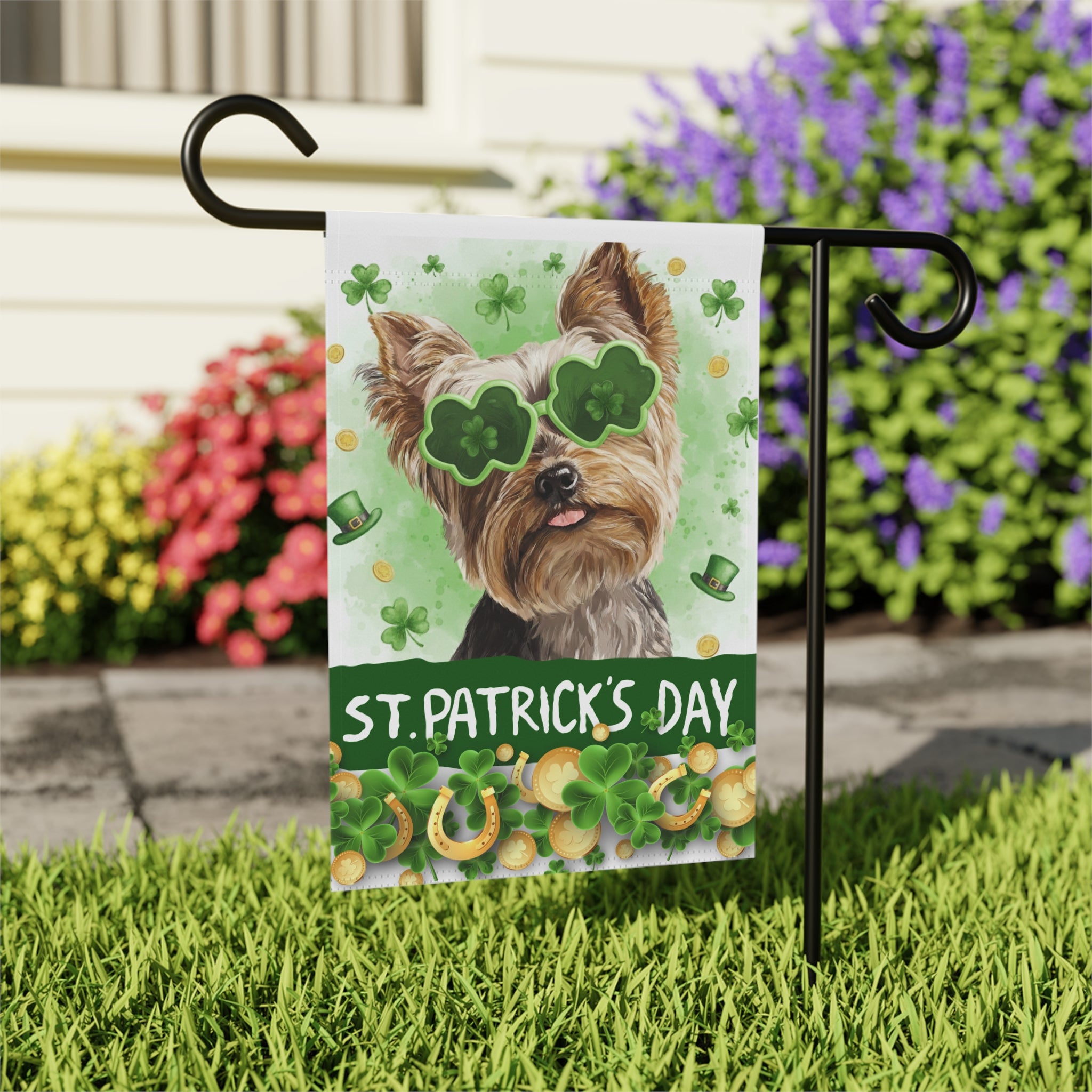 St. Patrick's Day Clover Glasses Yorkie Garden Flag - outdoor display - Dragonfire Gardens