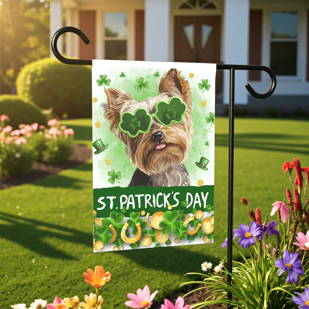 St. Patrick's Day Clover Glasses Yorkie Garden Flag - front view - Dragonfire Gardens