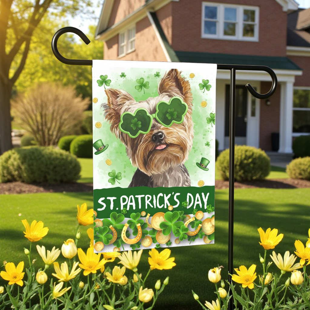 St. Patrick's Day Clover Glasses Yorkie Garden Flag - size comparison - Dragonfire Gardens