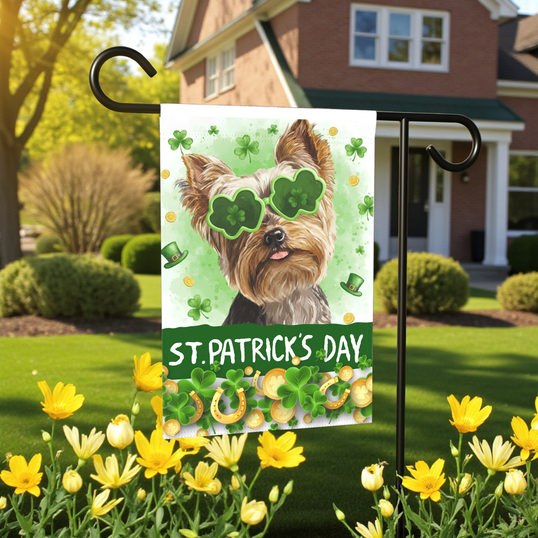 St. Patrick's Day Clover Glasses Yorkie Garden Flag - size comparison - Dragonfire Gardens