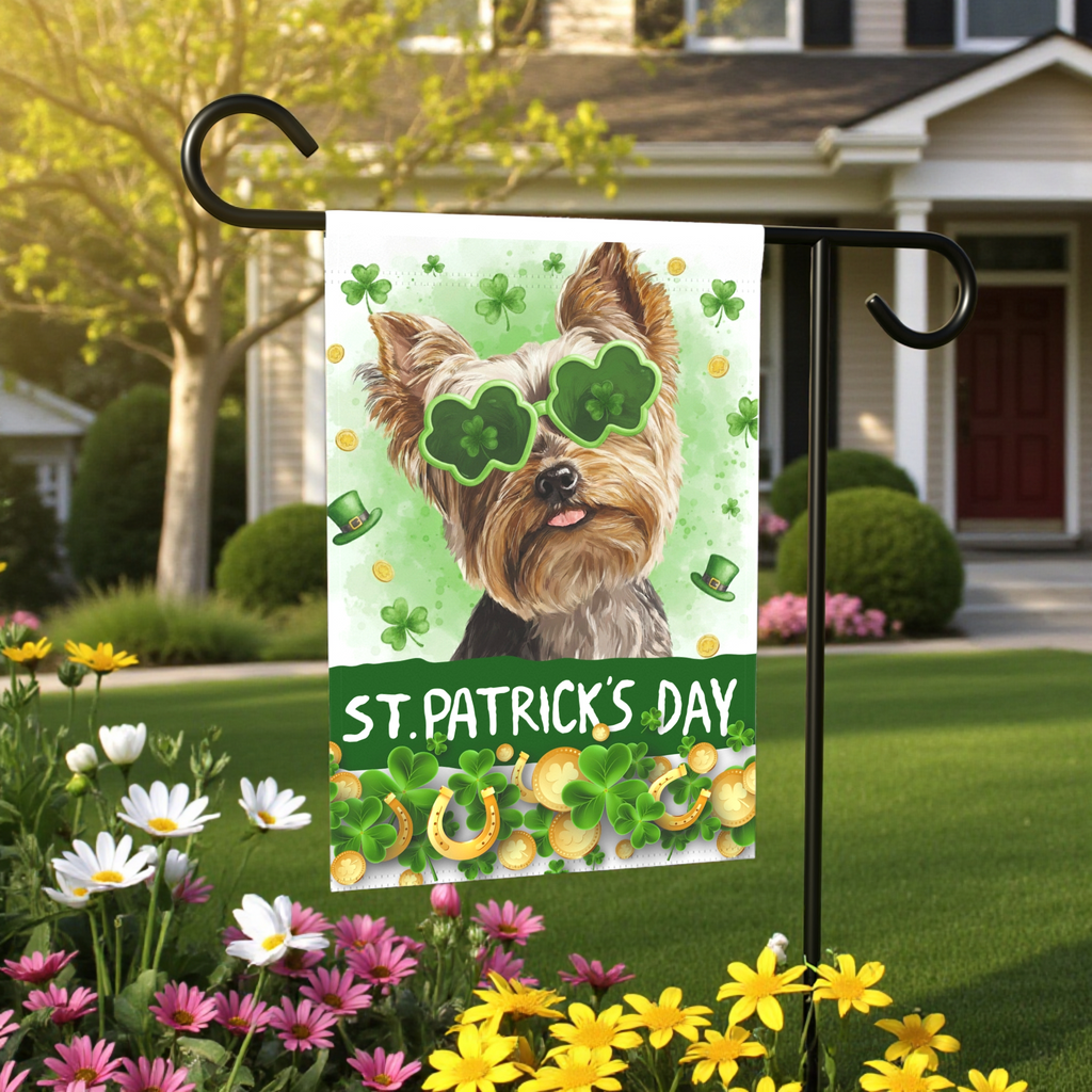 St. Patrick's Day Clover Glasses Yorkie Garden Flag - lifestyle display - Dragonfire Gardens
