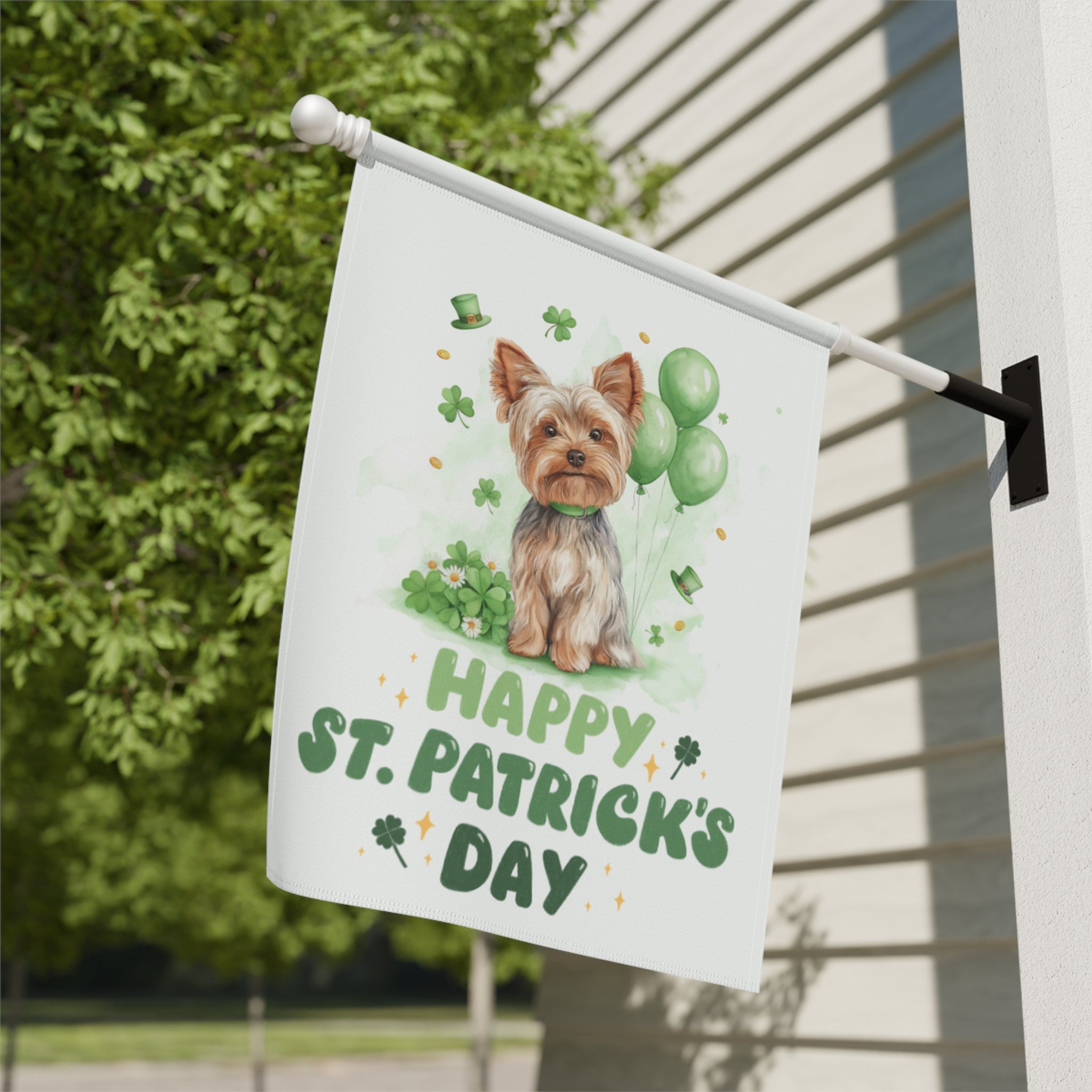 Yorkie Saint Patrick's Day Garden Flag - close-up detail - Dragonfire Gardens
