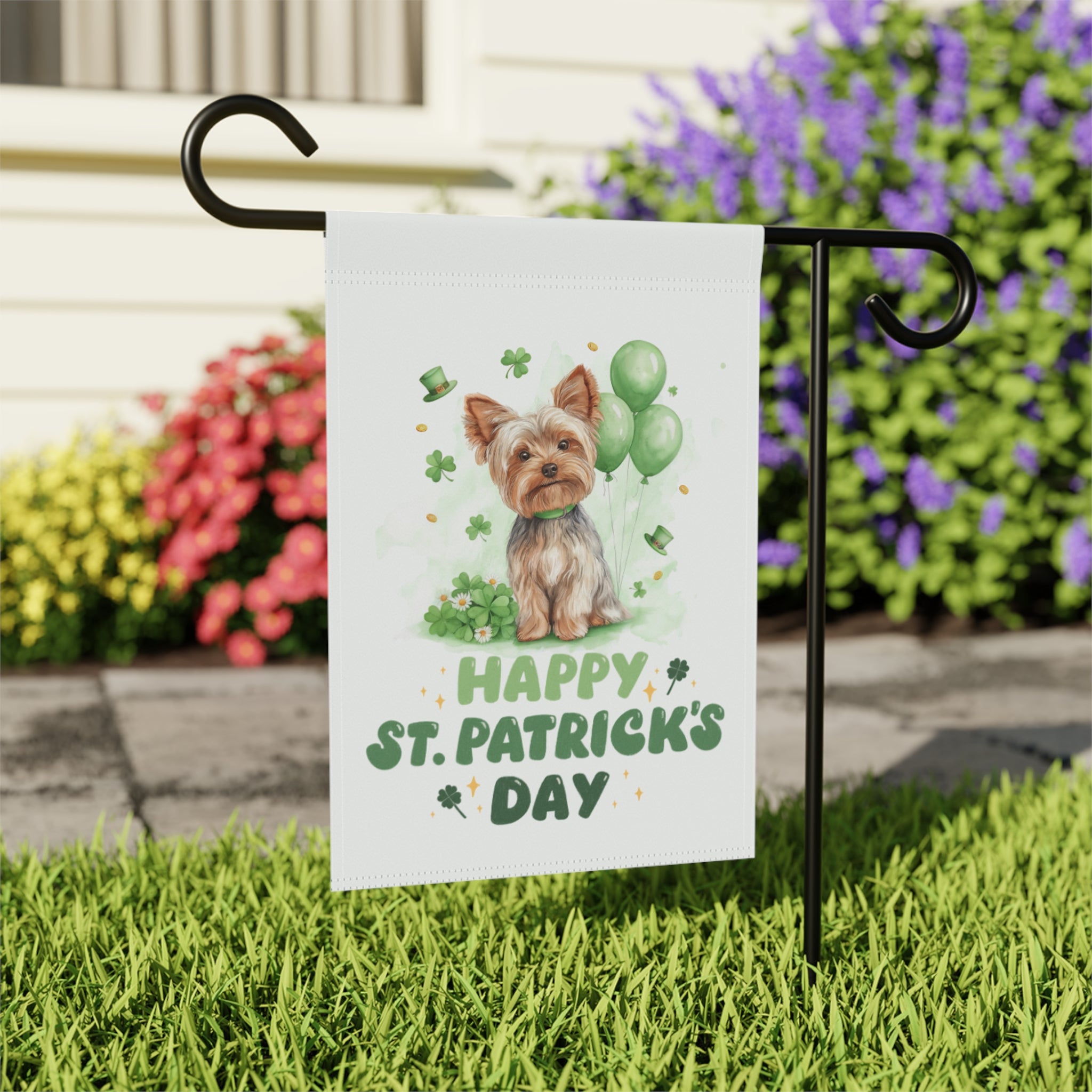 Yorkie Saint Patrick's Day Garden Flag - outdoor display - Dragonfire Gardens