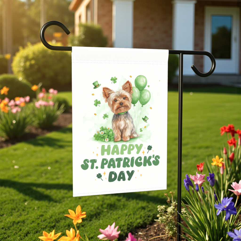 Yorkie Saint Patrick's Day Garden Flag - size comparison - Dragonfire Gardens