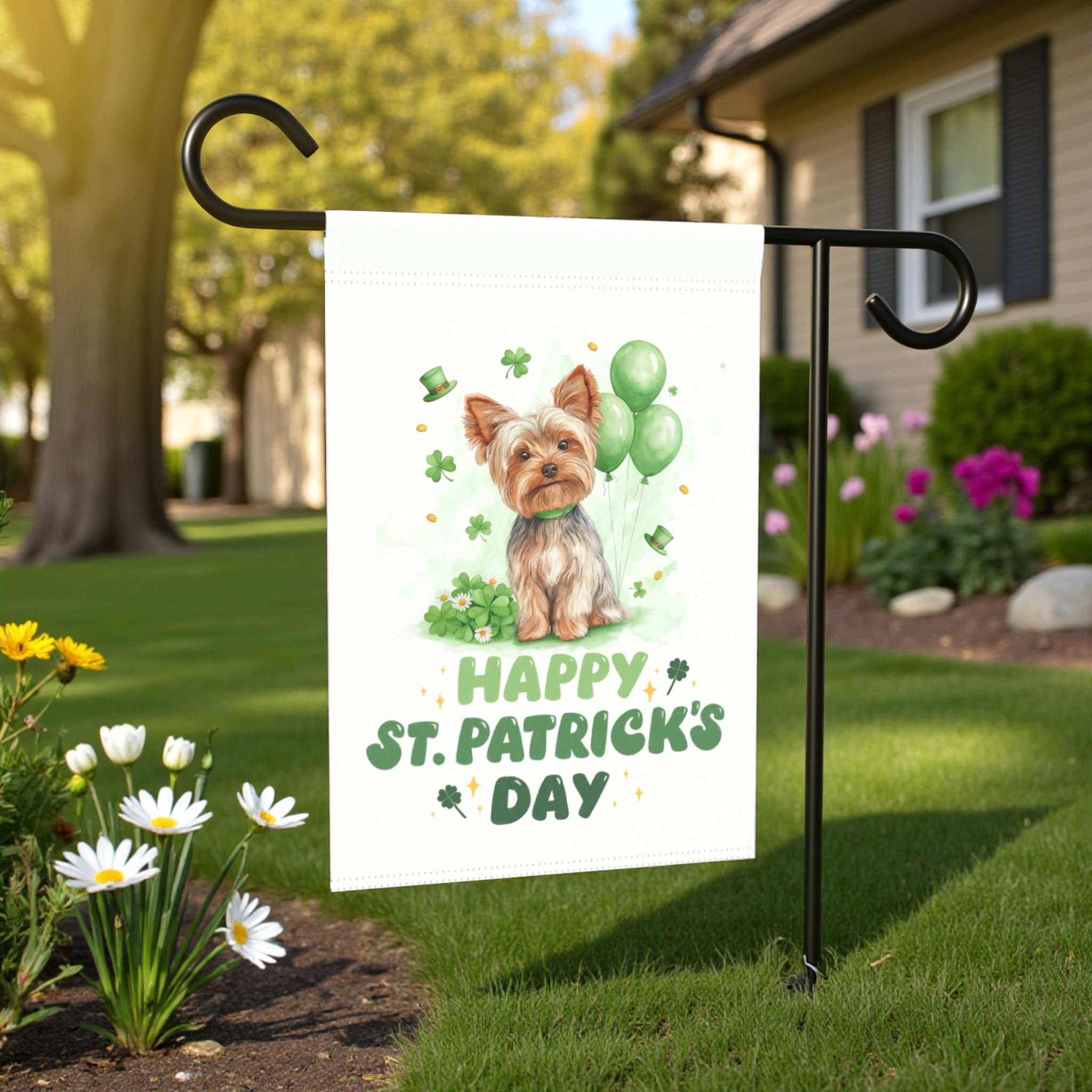 Yorkie Saint Patrick's Day Garden Flag - front view - Dragonfire Gardens