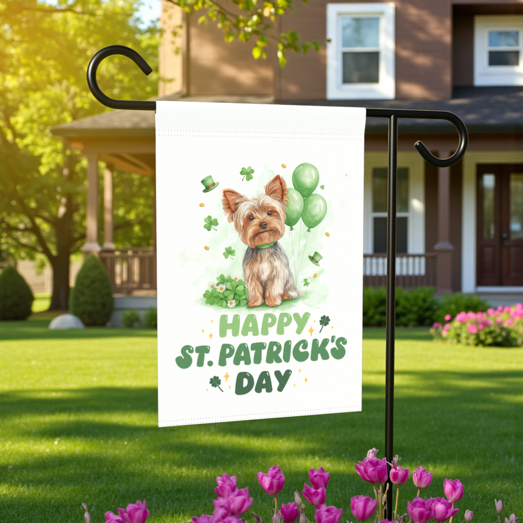 Yorkie Saint Patrick's Day Garden Flag - lifestyle display - Dragonfire Gardens