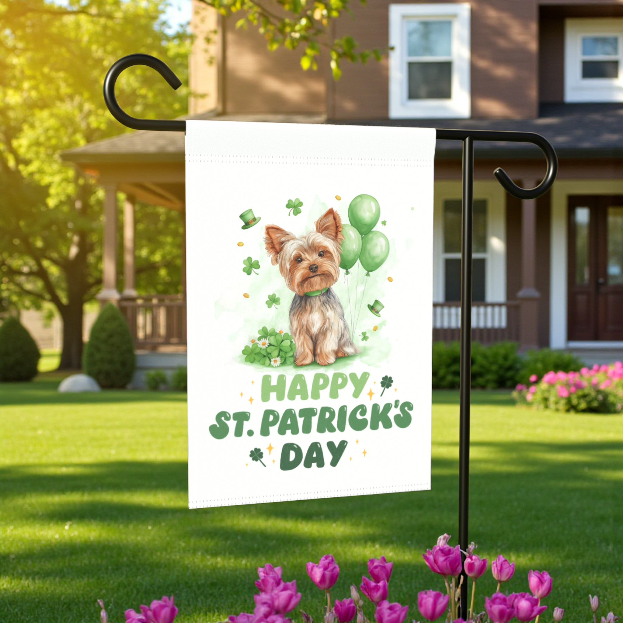 Yorkie Saint Patrick's Day Garden Flag - lifestyle display - Dragonfire Gardens