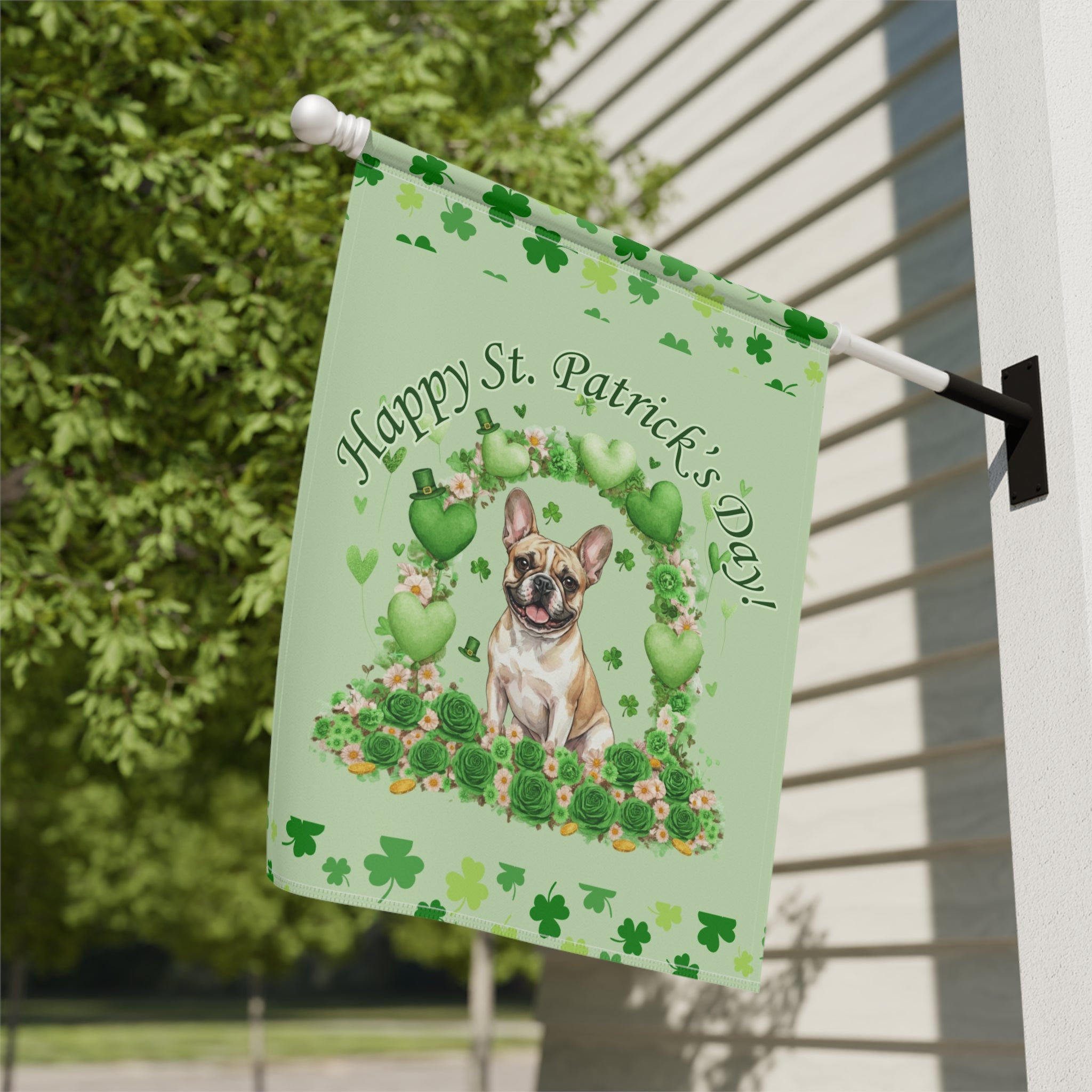 Happy St. Patrick's Day Arch French Bulldog Garden Flag - close-up detail - Dragonfire Gardens