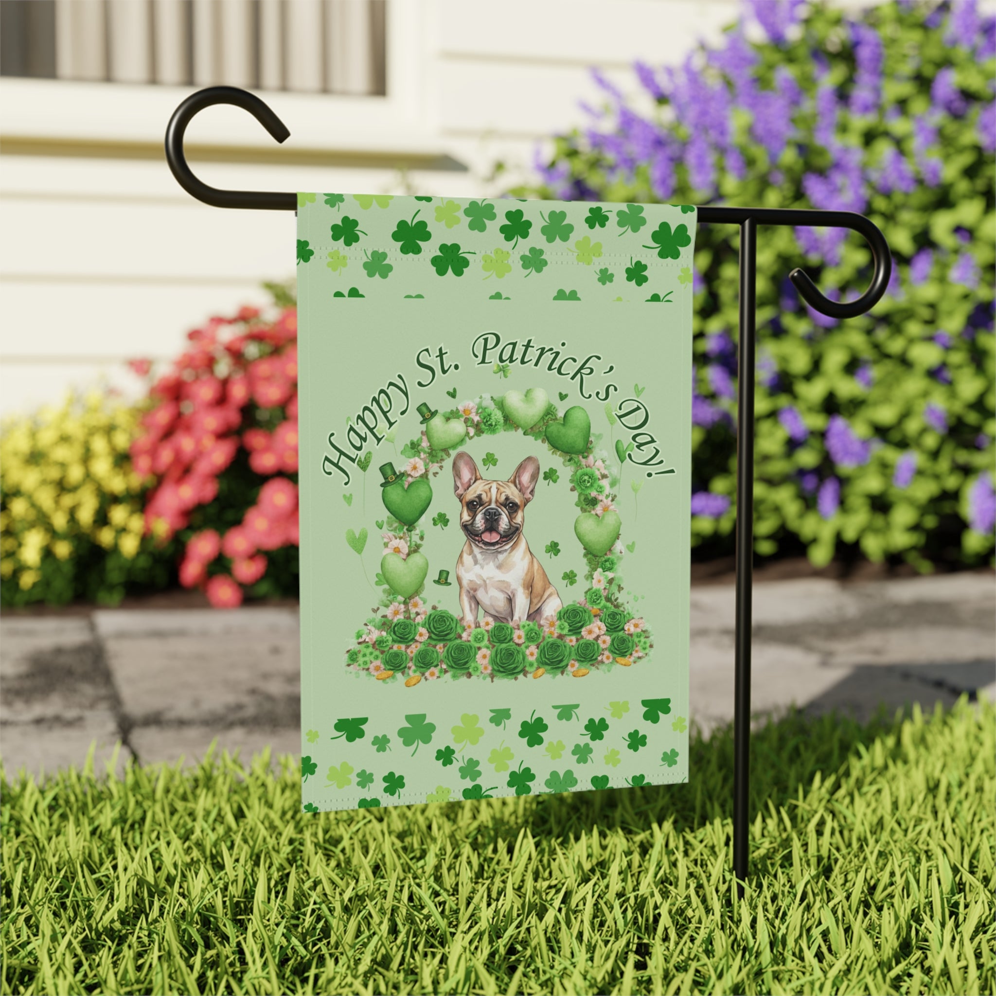 Happy St. Patrick's Day Arch French Bulldog Garden Flag - outdoor display - Dragonfire Gardens