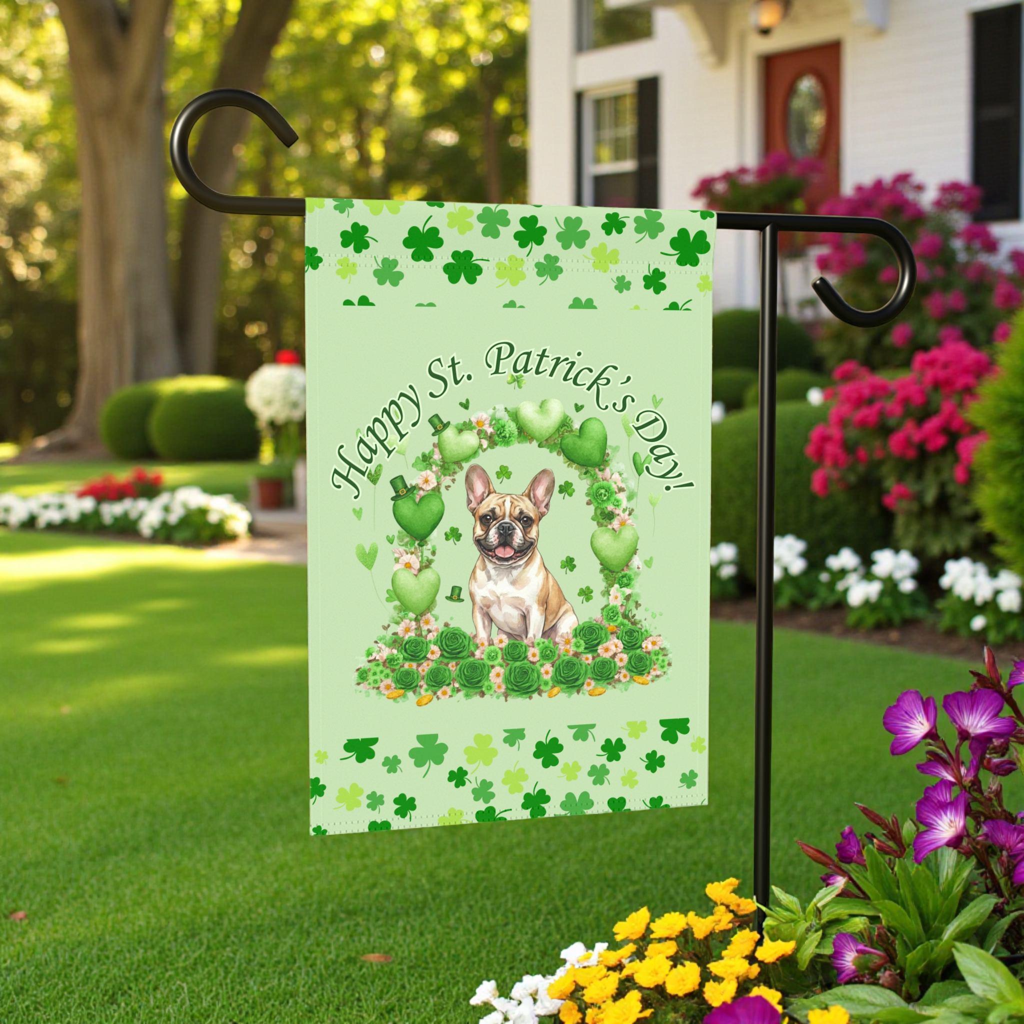 Happy St. Patrick's Day Arch French Bulldog Garden Flag - size comparison - Dragonfire Gardens