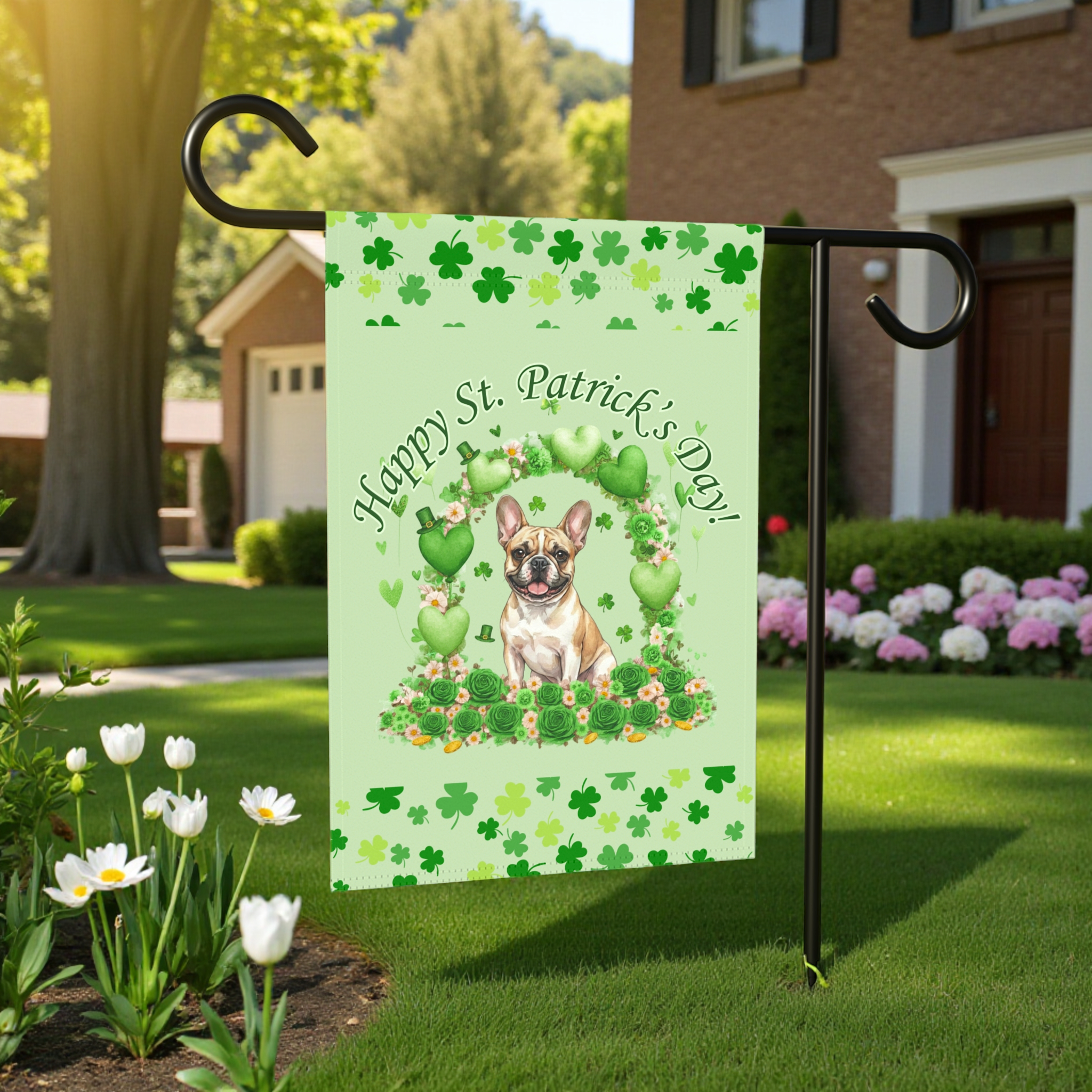 Happy St. Patrick's Day Arch French Bulldog Garden Flag - front view - Dragonfire Gardens