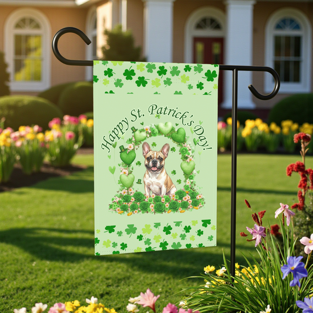 Happy St. Patrick's Day Arch French Bulldog Garden Flag - lifestyle display - Dragonfire Gardens