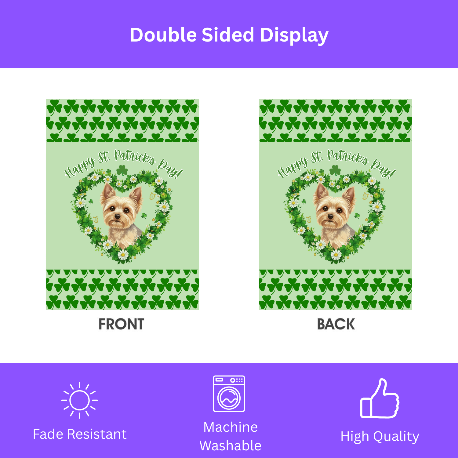 Saint Patrick's Day Shamrock Yorkshire Terrier Garden Flag - double-sided design - Dragonfire Gardens