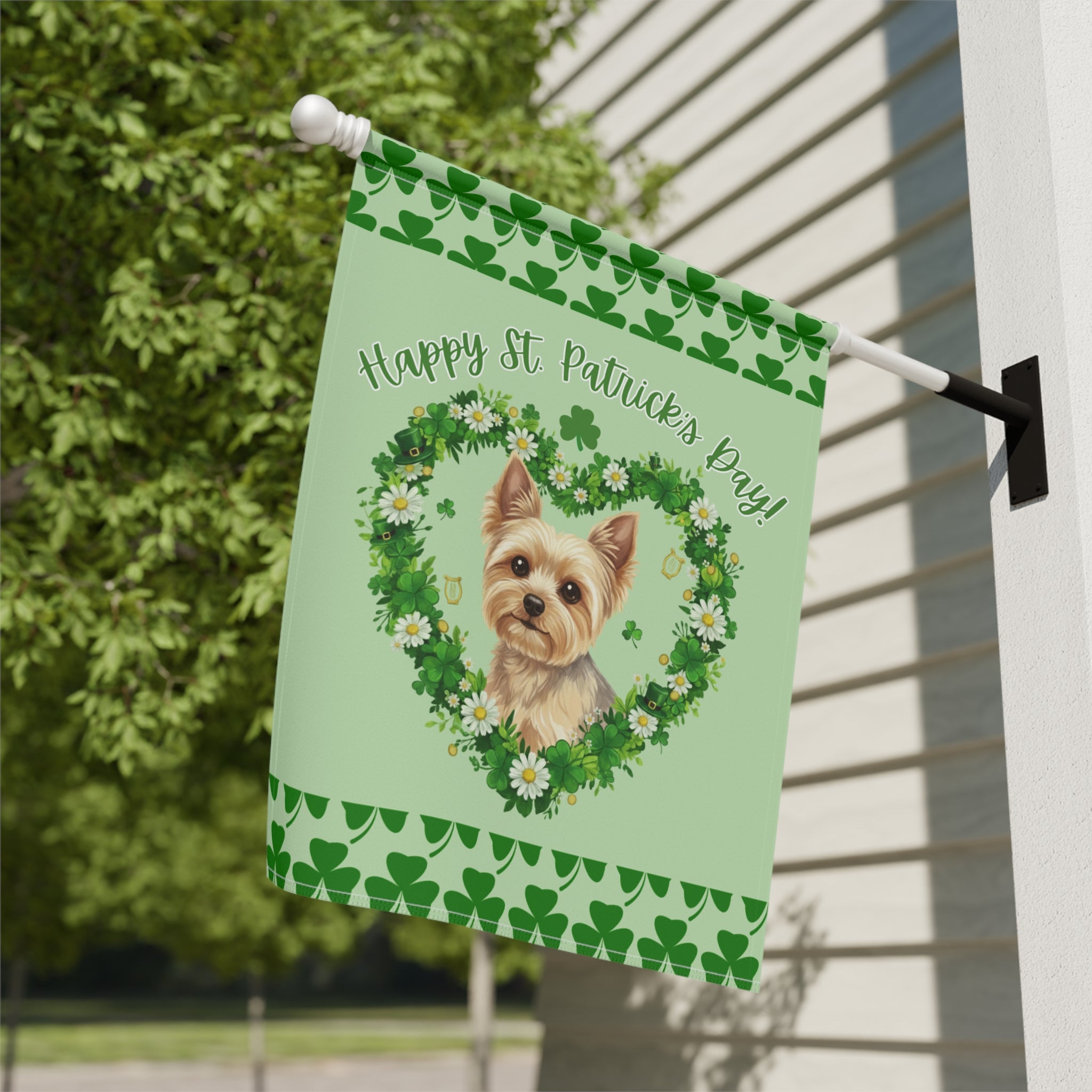 Saint Patrick's Day Shamrock Yorkshire Terrier Garden Flag - close-up detail - Dragonfire Gardens