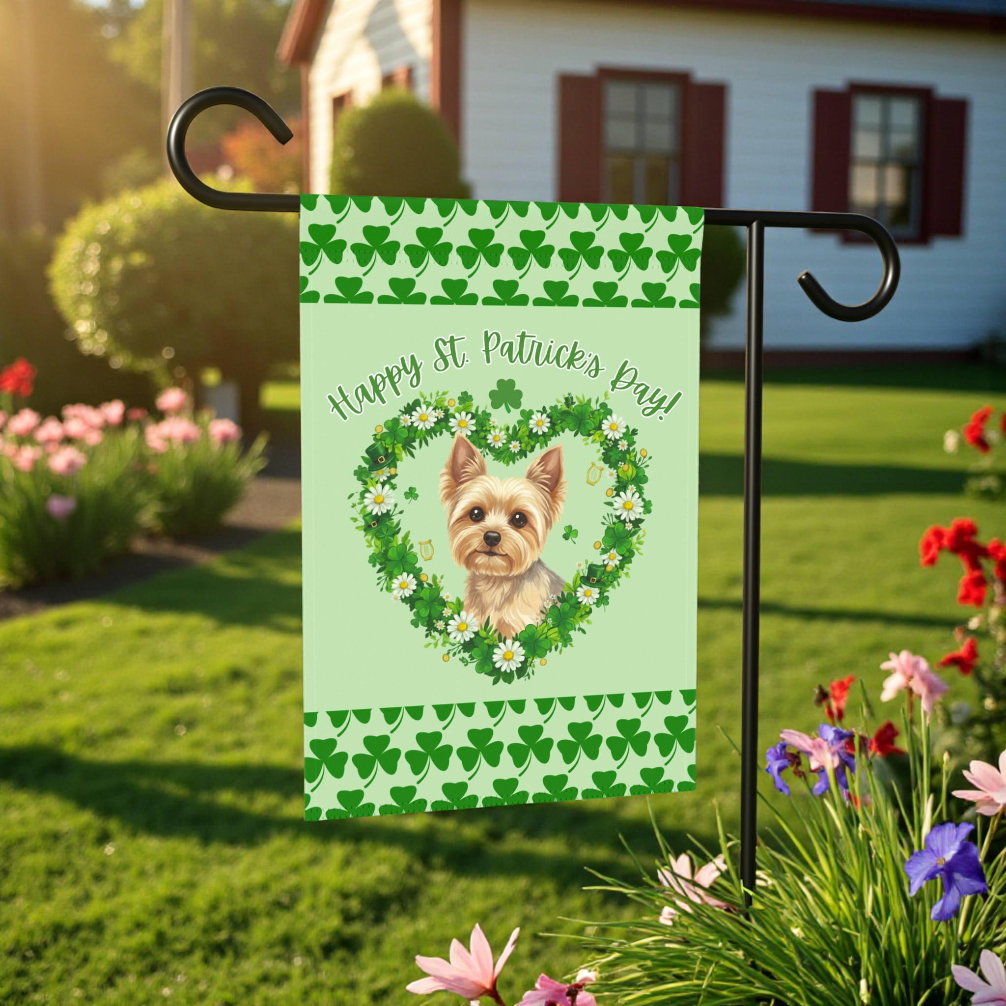 Saint Patrick's Day Shamrock Yorkshire Terrier Garden Flag - lifestyle display - Dragonfire Gardens