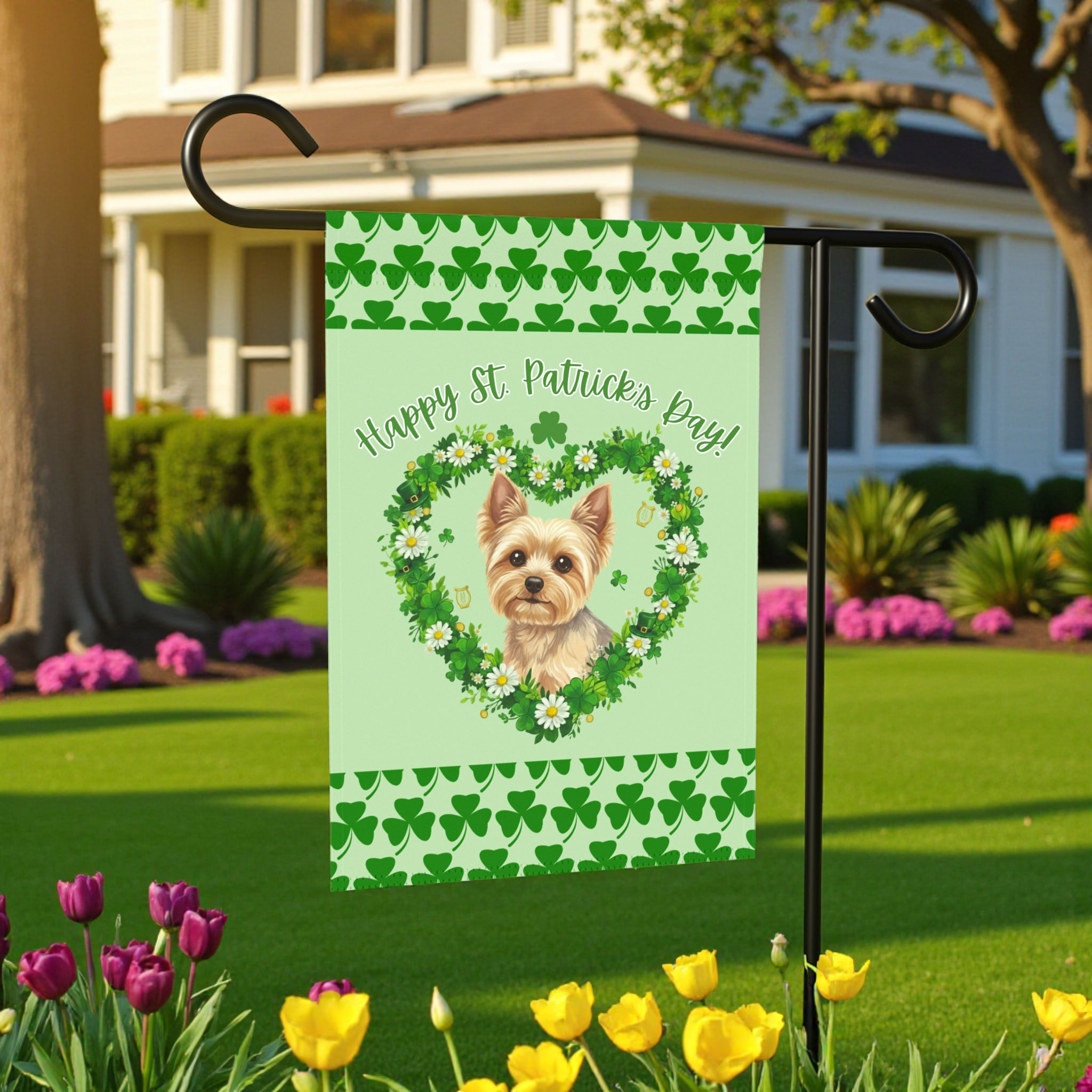Saint Patrick's Day Shamrock Yorkshire Terrier Garden Flag - size comparison - Dragonfire Gardens