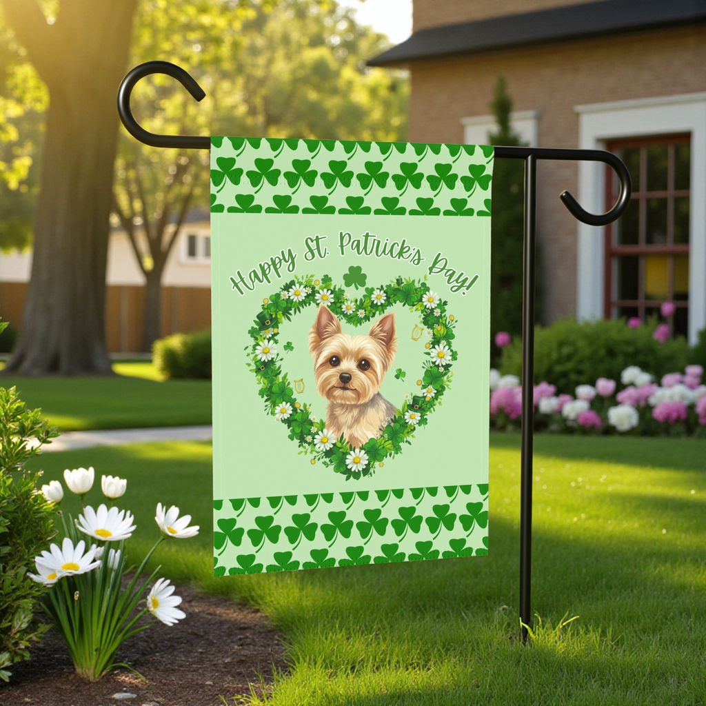 Saint Patrick's Day Shamrock Yorkshire Terrier Garden Flag - front view - Dragonfire Gardens