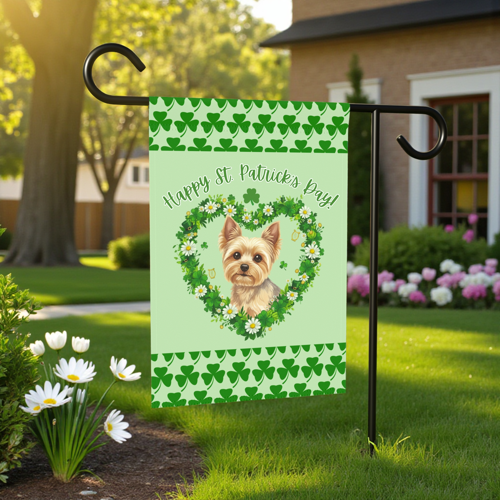 Saint Patrick's Day Shamrock Yorkshire Terrier Garden Flag - front view - Dragonfire Gardens