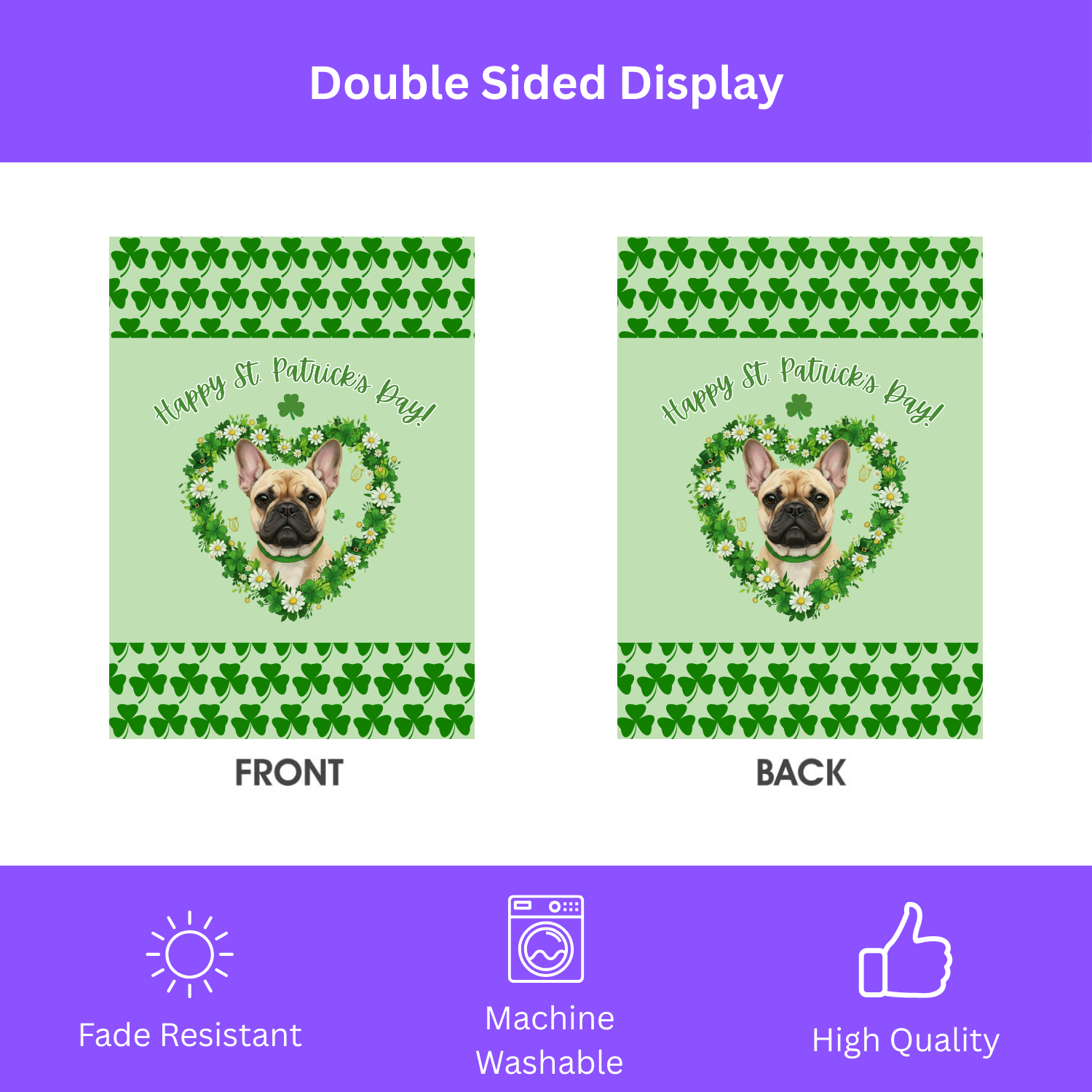 St. Patrick's Day Shamrock French Bulldog Garden Flag - double-sided design - Dragonfire Gardens