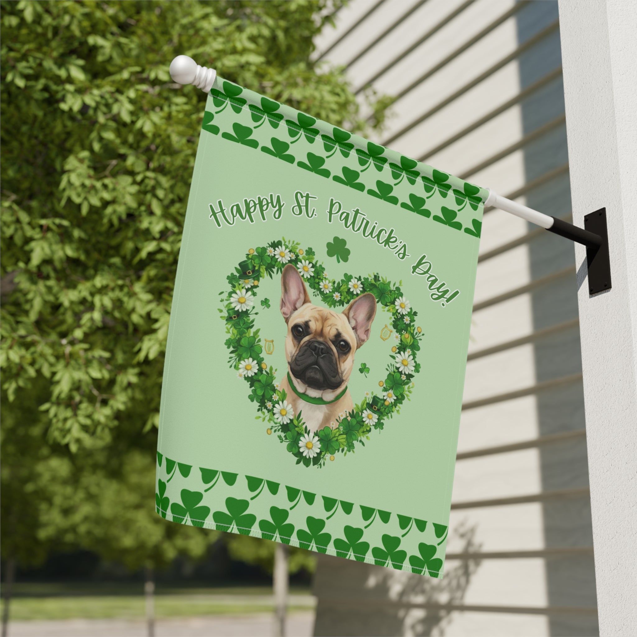 St. Patrick's Day Shamrock French Bulldog Garden Flag - close-up detail - Dragonfire Gardens