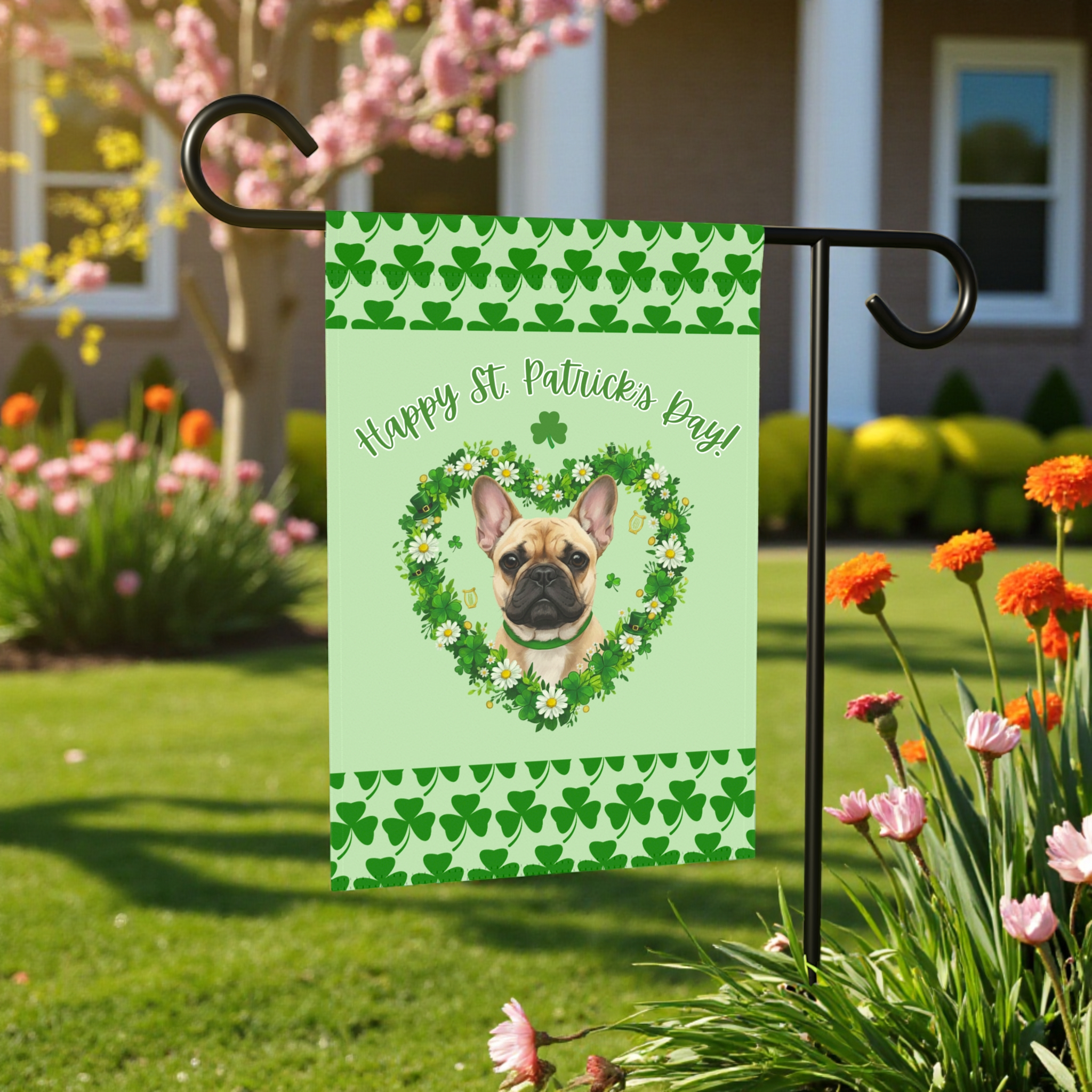 St. Patrick's Day Shamrock French Bulldog Garden Flag - size comparison - Dragonfire Gardens