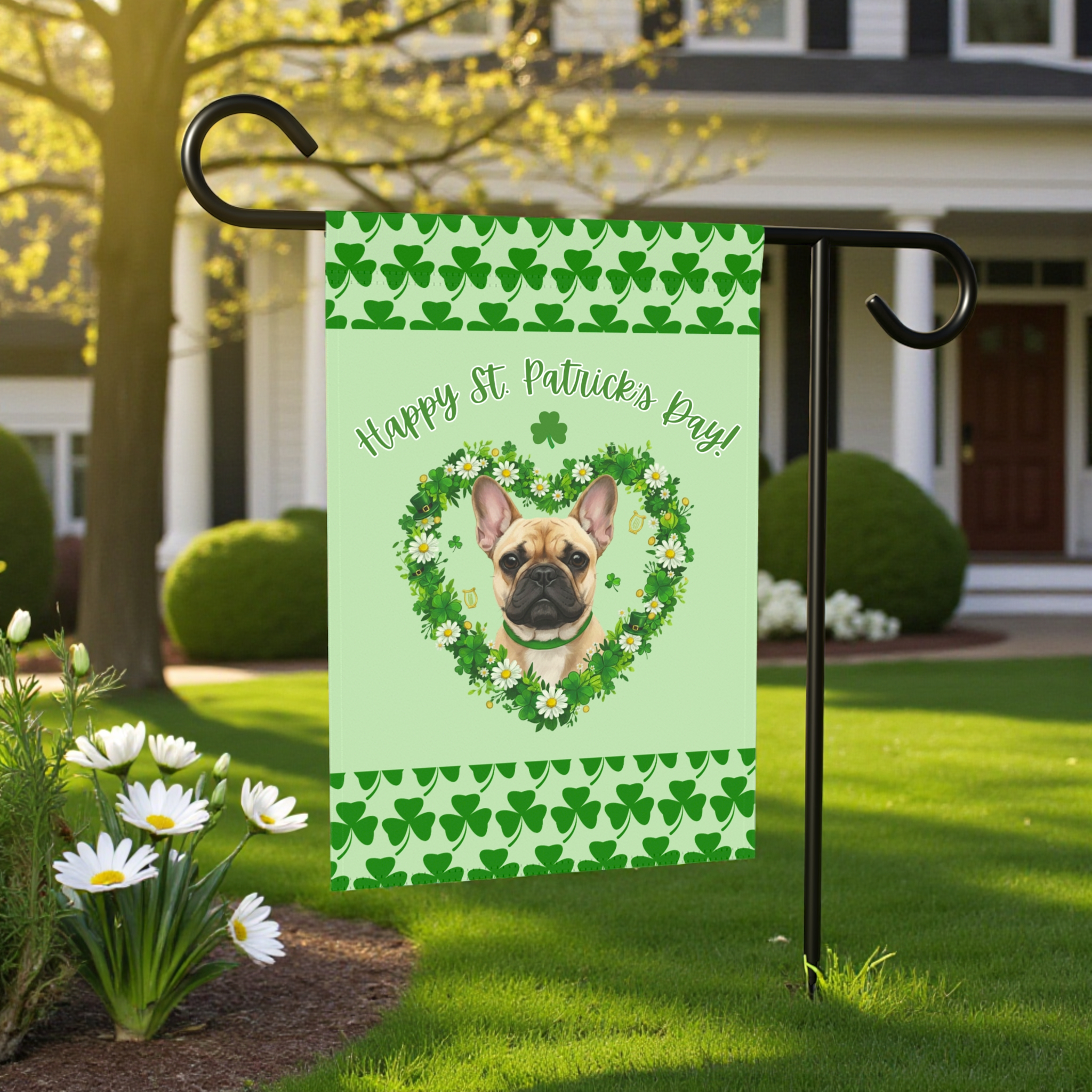 St. Patrick's Day Shamrock French Bulldog Garden Flag - front view - Dragonfire Gardens