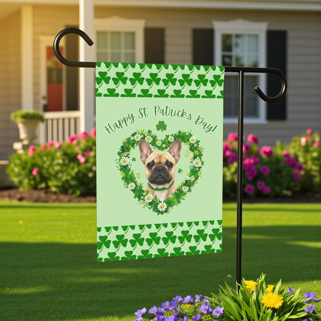 St. Patrick's Day Shamrock French Bulldog Garden Flag - lifestyle display - Dragonfire Gardens