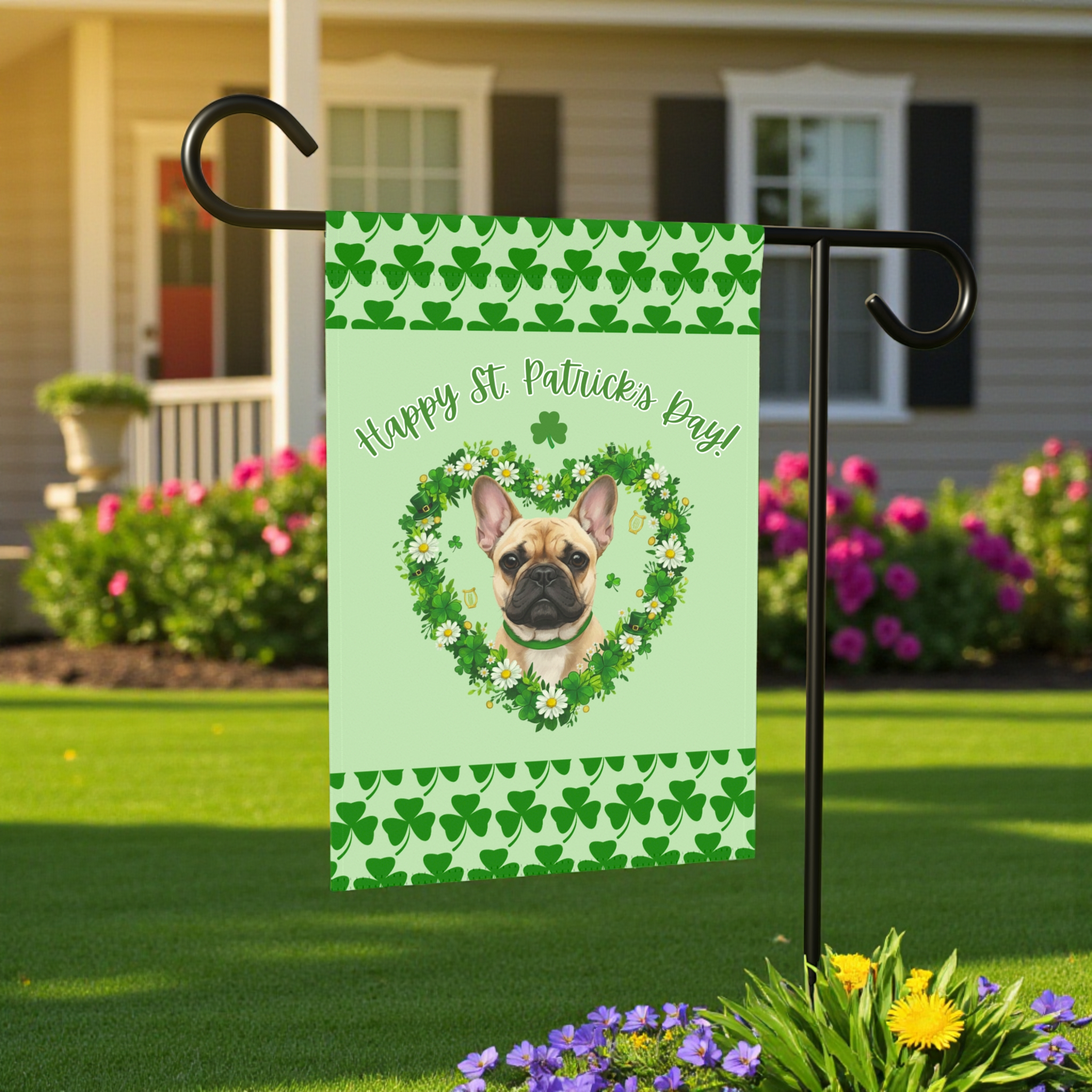 St. Patrick's Day Shamrock French Bulldog Garden Flag - lifestyle display - Dragonfire Gardens