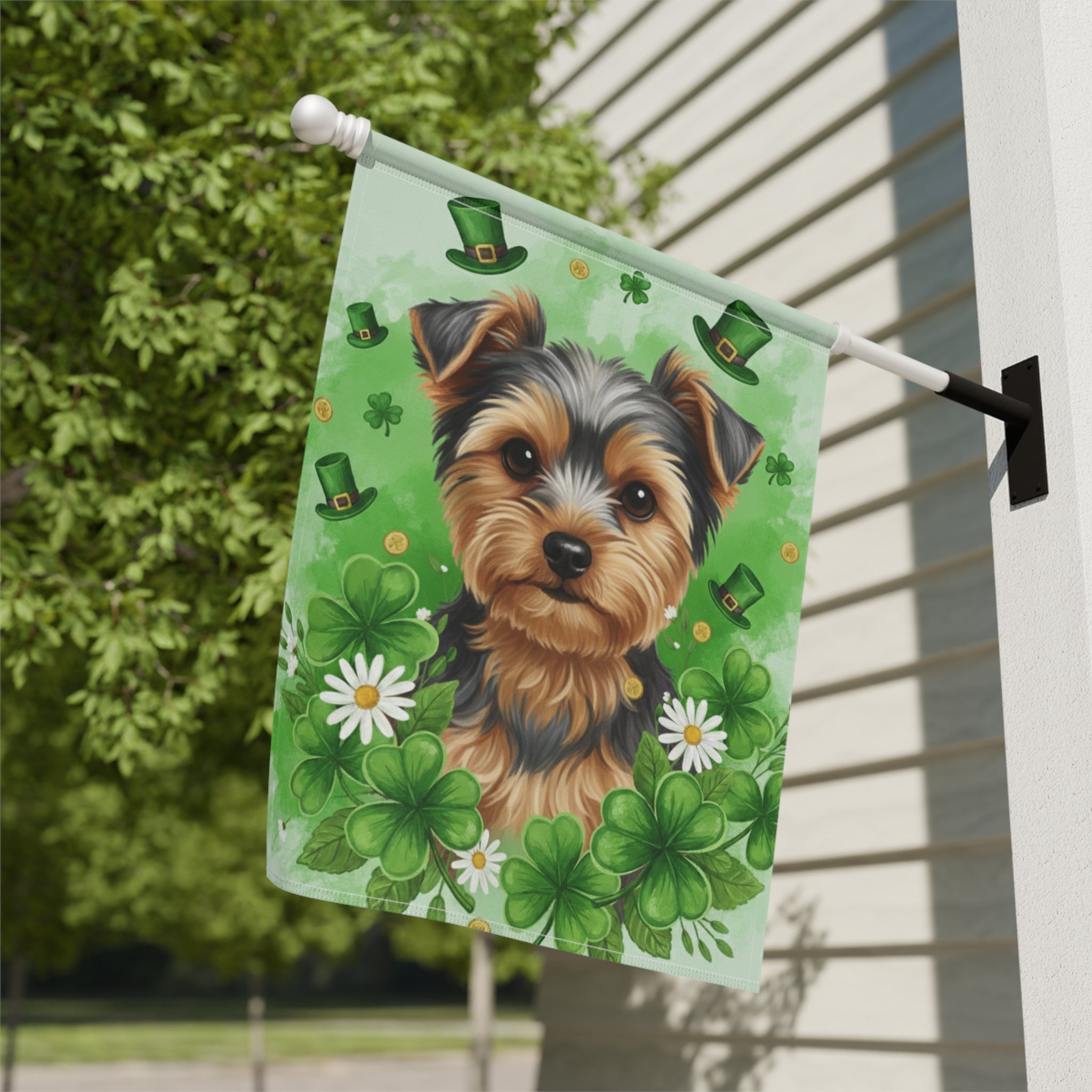 Shamrocks and Yorkie St. Patrick's Day Garden Flag - close-up detail - Dragonfire Gardens