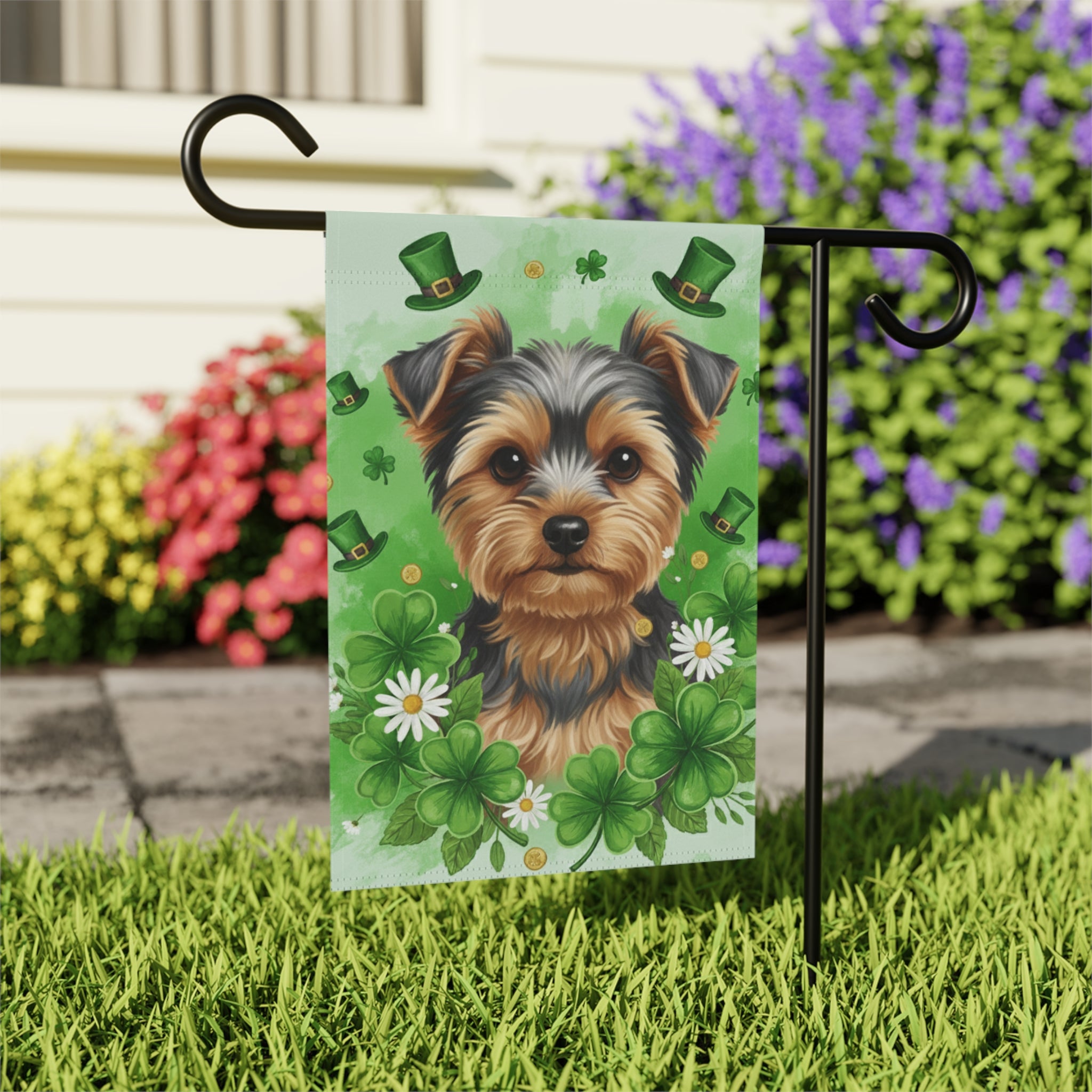 Shamrocks and Yorkie St. Patrick's Day Garden Flag - outdoor display - Dragonfire Gardens