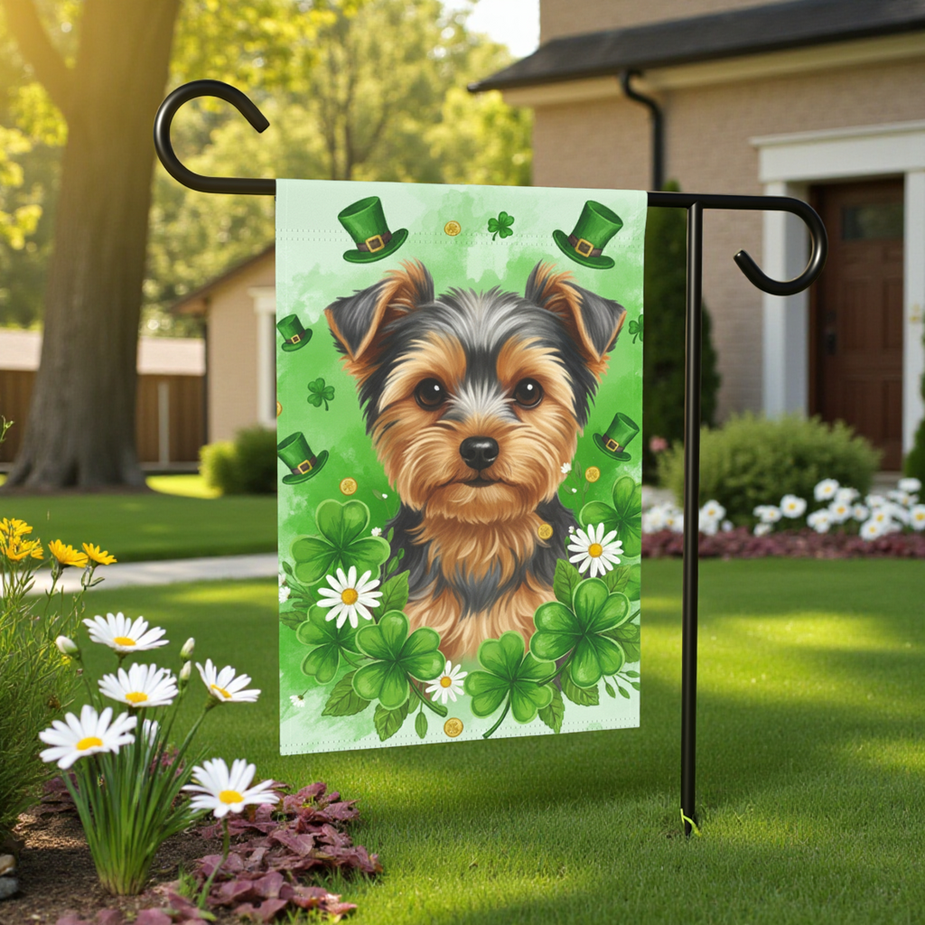 Shamrocks and Yorkie St. Patrick's Day Garden Flag - front view - Dragonfire Gardens