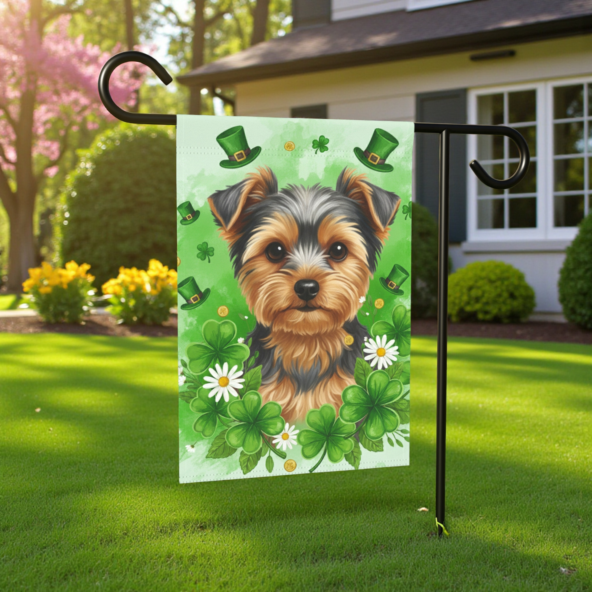 Shamrocks and Yorkie St. Patrick's Day Garden Flag - size comparison - Dragonfire Gardens