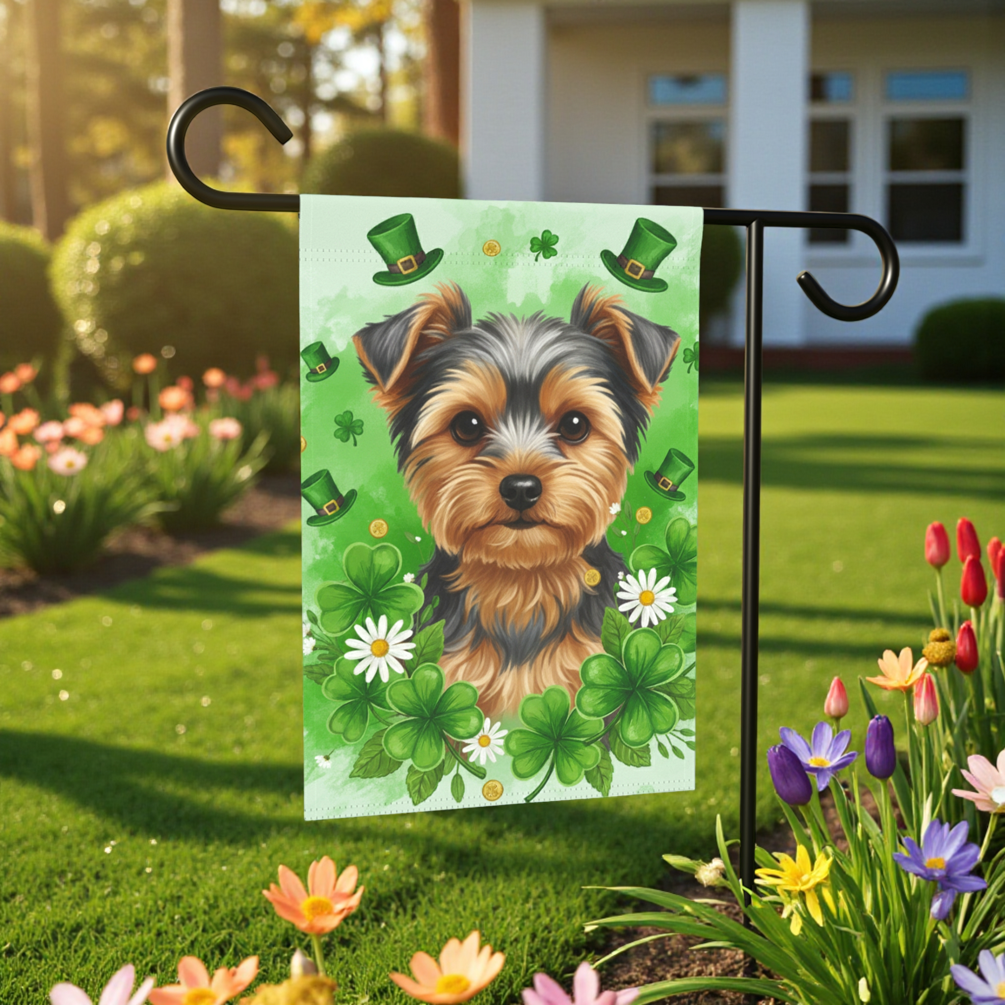 Shamrocks and Yorkie St. Patrick's Day Garden Flag - lifestyle display - Dragonfire Gardens