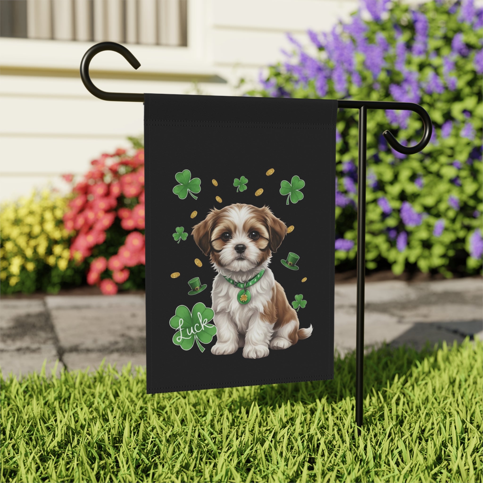 Luck Shih Tzu St. Patrick's Day Garden Flag - outdoor display - Dragonfire Gardens
