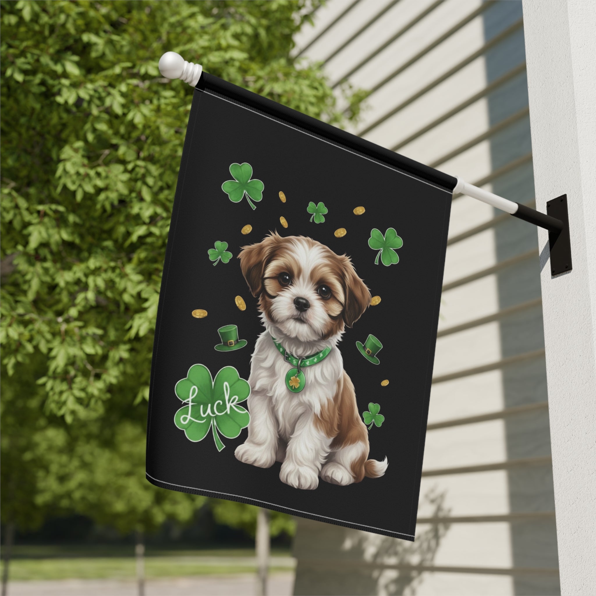 Luck Shih Tzu St. Patrick's Day Garden Flag - close-up detail - Dragonfire Gardens