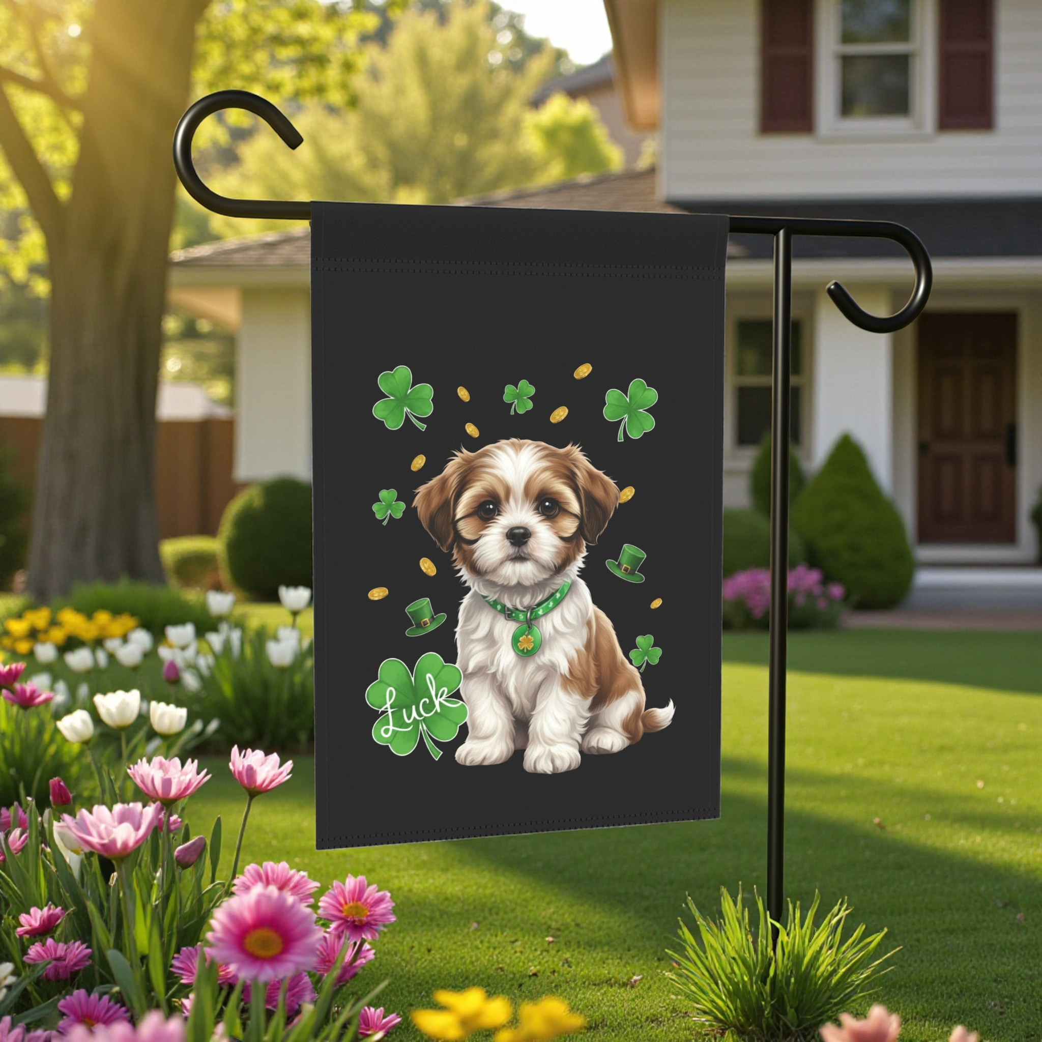 Luck Shih Tzu St. Patrick's Day Garden Flag - front view - Dragonfire Gardens