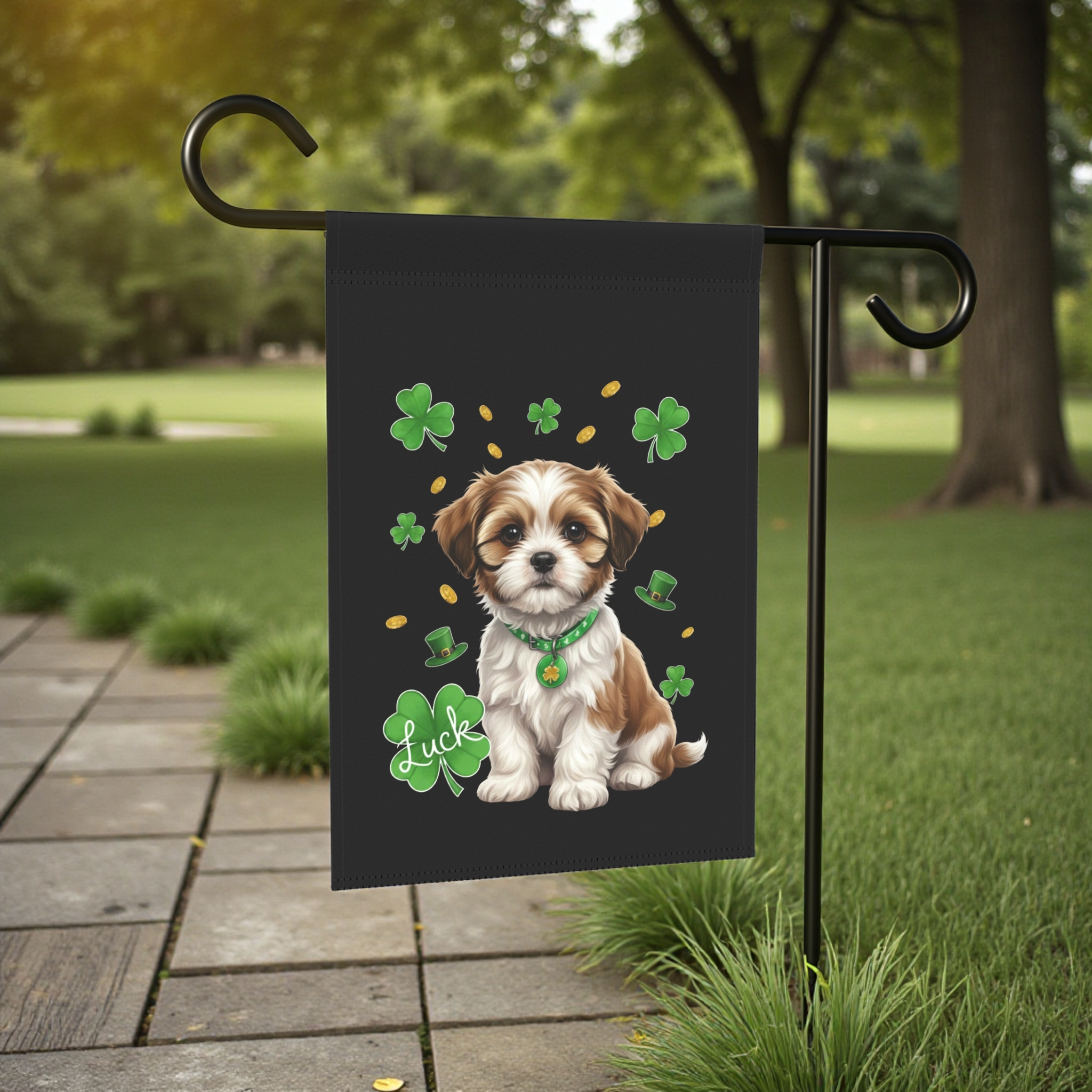 Luck Shih Tzu St. Patrick's Day Garden Flag - size comparison - Dragonfire Gardens