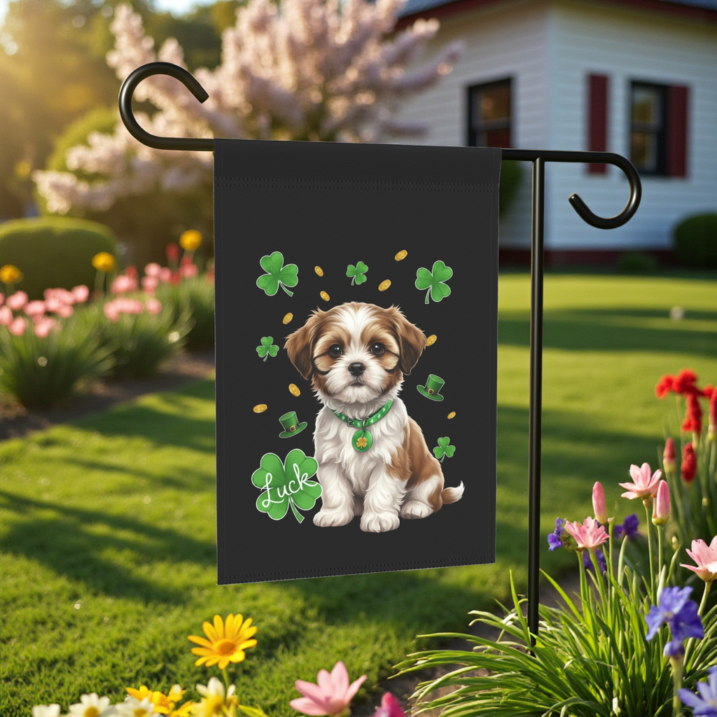 Luck Shih Tzu St. Patrick's Day Garden Flag - lifestyle display - Dragonfire Gardens
