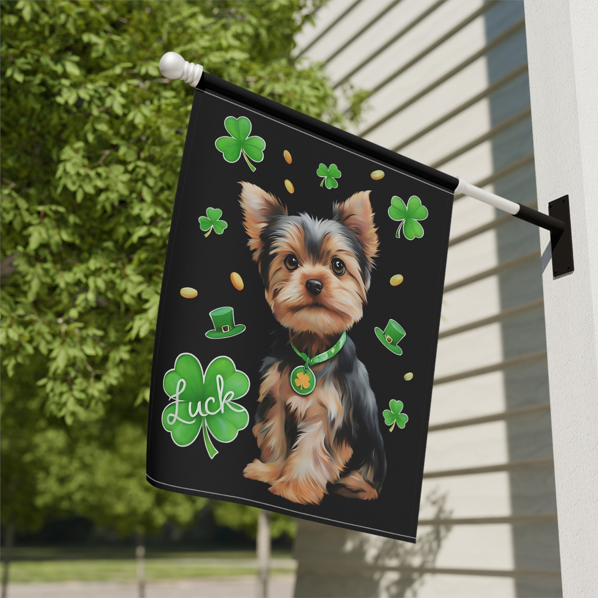 Luck Yorkshire Terrier St. Patrick's Day Garden Flag - close-up detail - Dragonfire Gardens