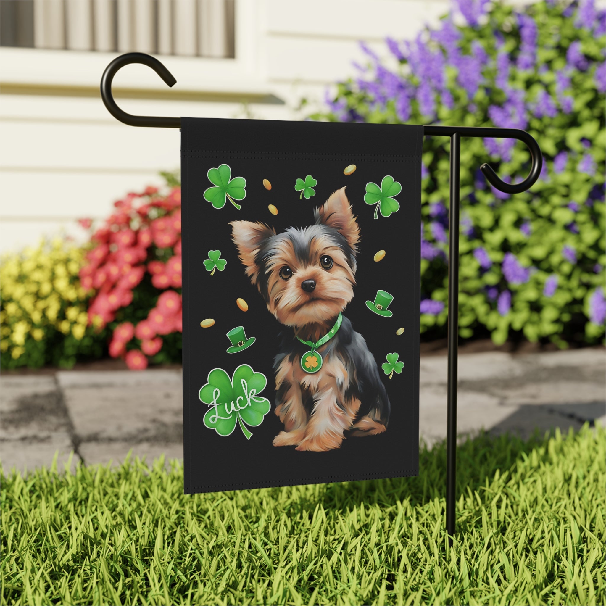 Luck Yorkshire Terrier St. Patrick's Day Garden Flag - outdoor display - Dragonfire Gardens