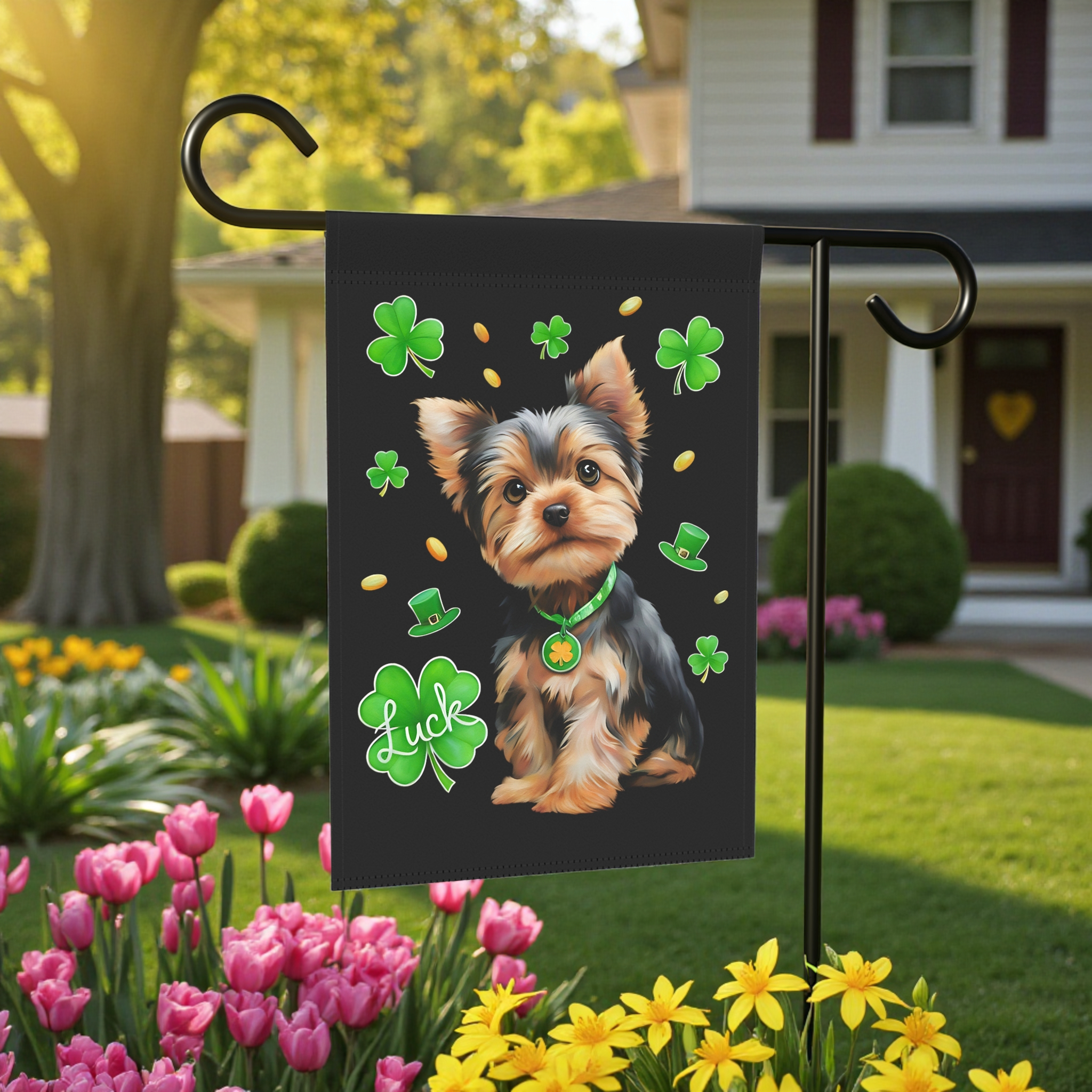 Luck Yorkshire Terrier St. Patrick's Day Garden Flag - lifestyle display - Dragonfire Gardens